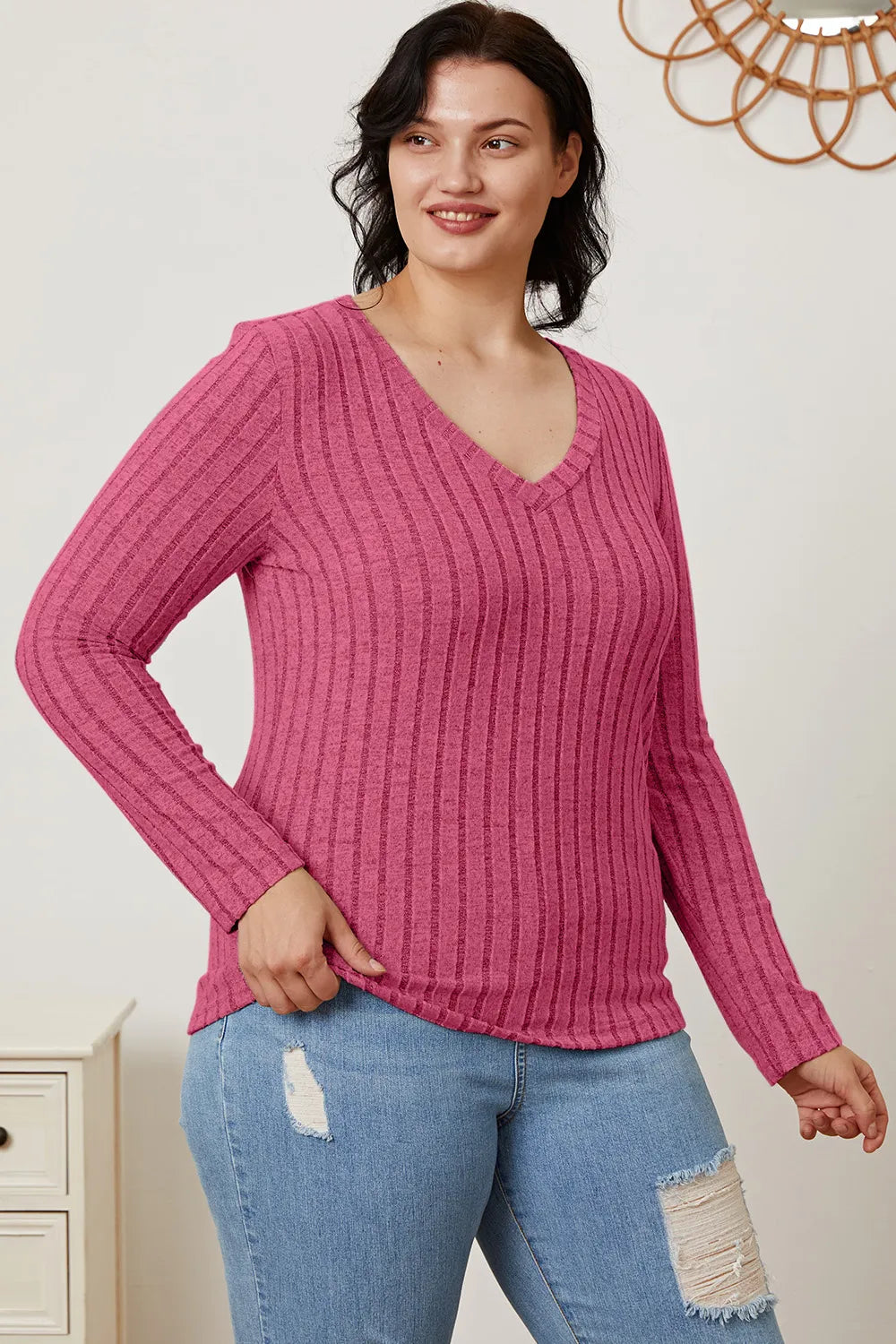 Basic Bae Ribbed V-Neck Long Sleeve Top
