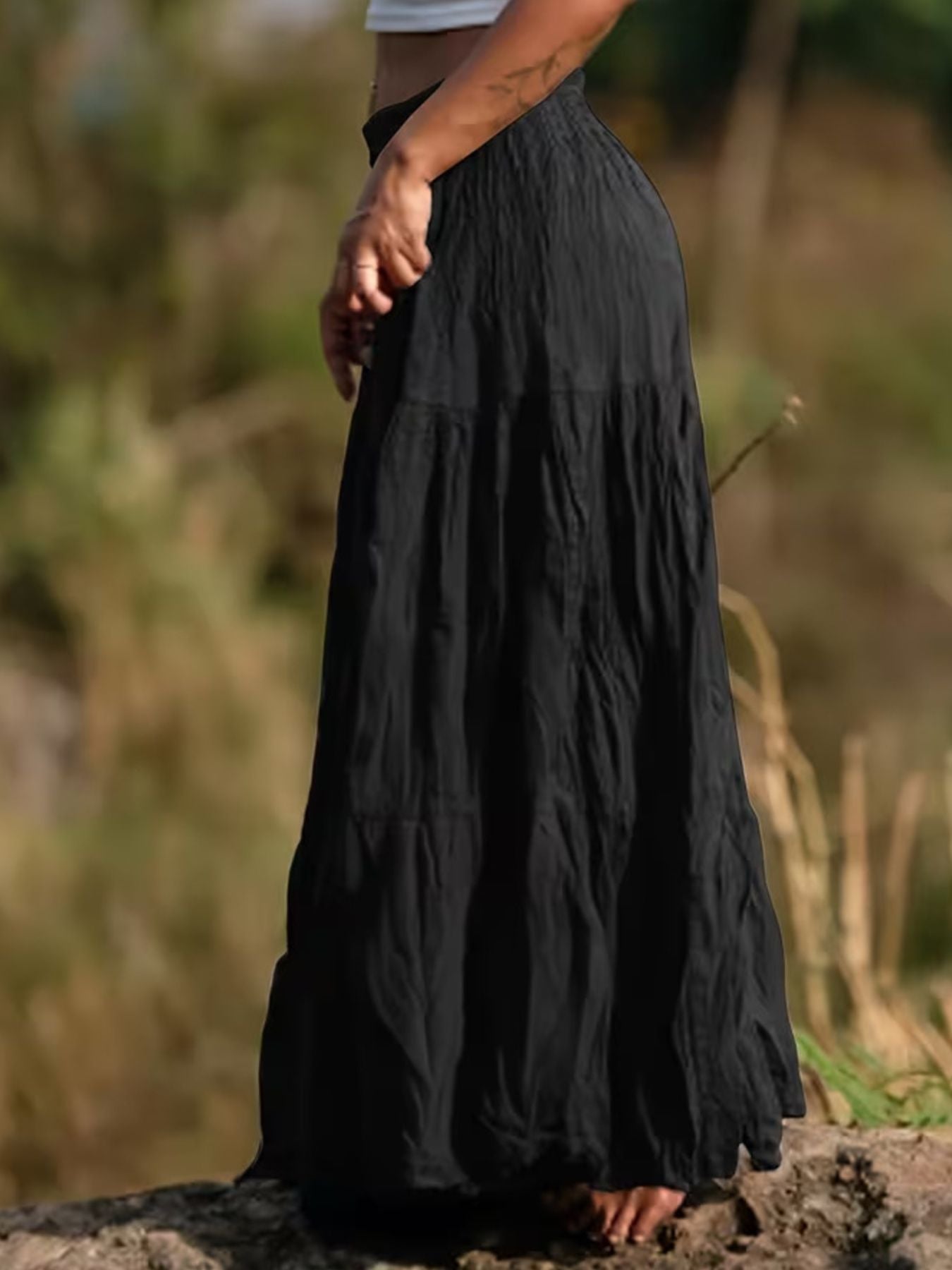 Women's Ruched Tiered Maxi Skirt | Bohemian Flowy Long Skirt