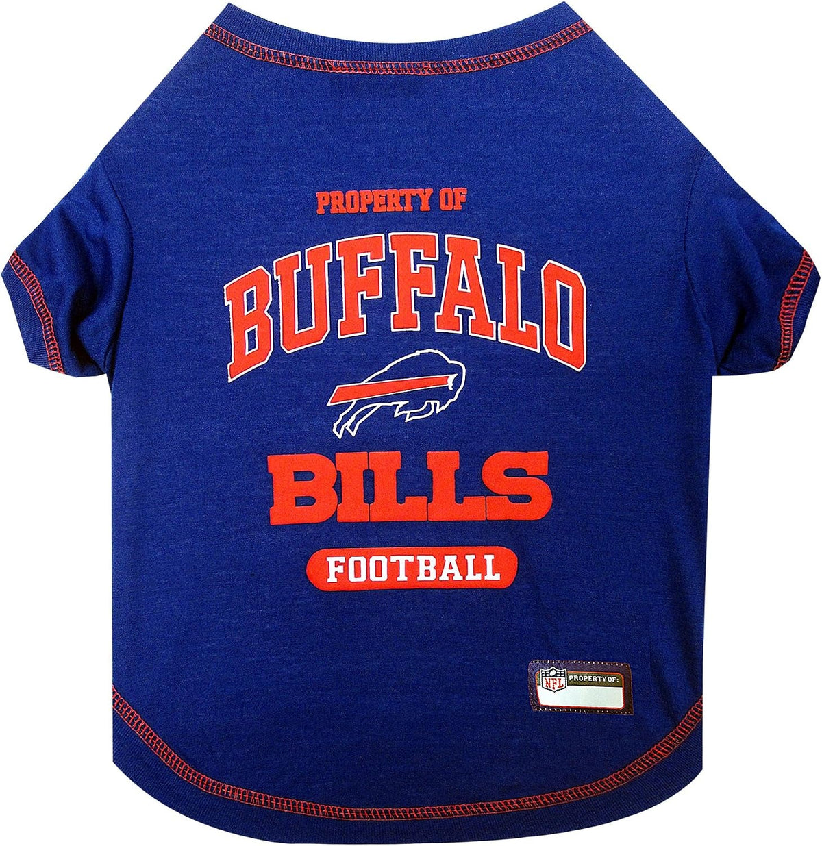 A royal blue heather pet t-shirt featuring Buffalo Bills graphics on the back, including 'PROPERTY OF BUFFALO BILLS FOOTBALL' in orange and white, and a charging buffalo logo.