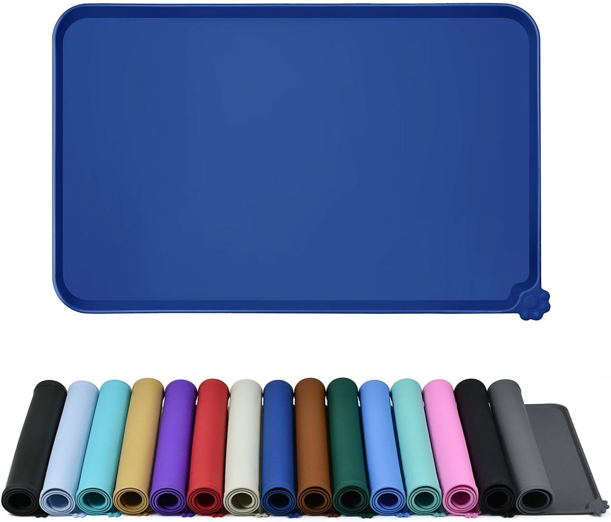 Navy blue raised-edge silicone feeding mat above rolled mats in multiple colors.
