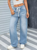 Women's Wide Leg Washed Jeans | Drawstring Waist with Pockets