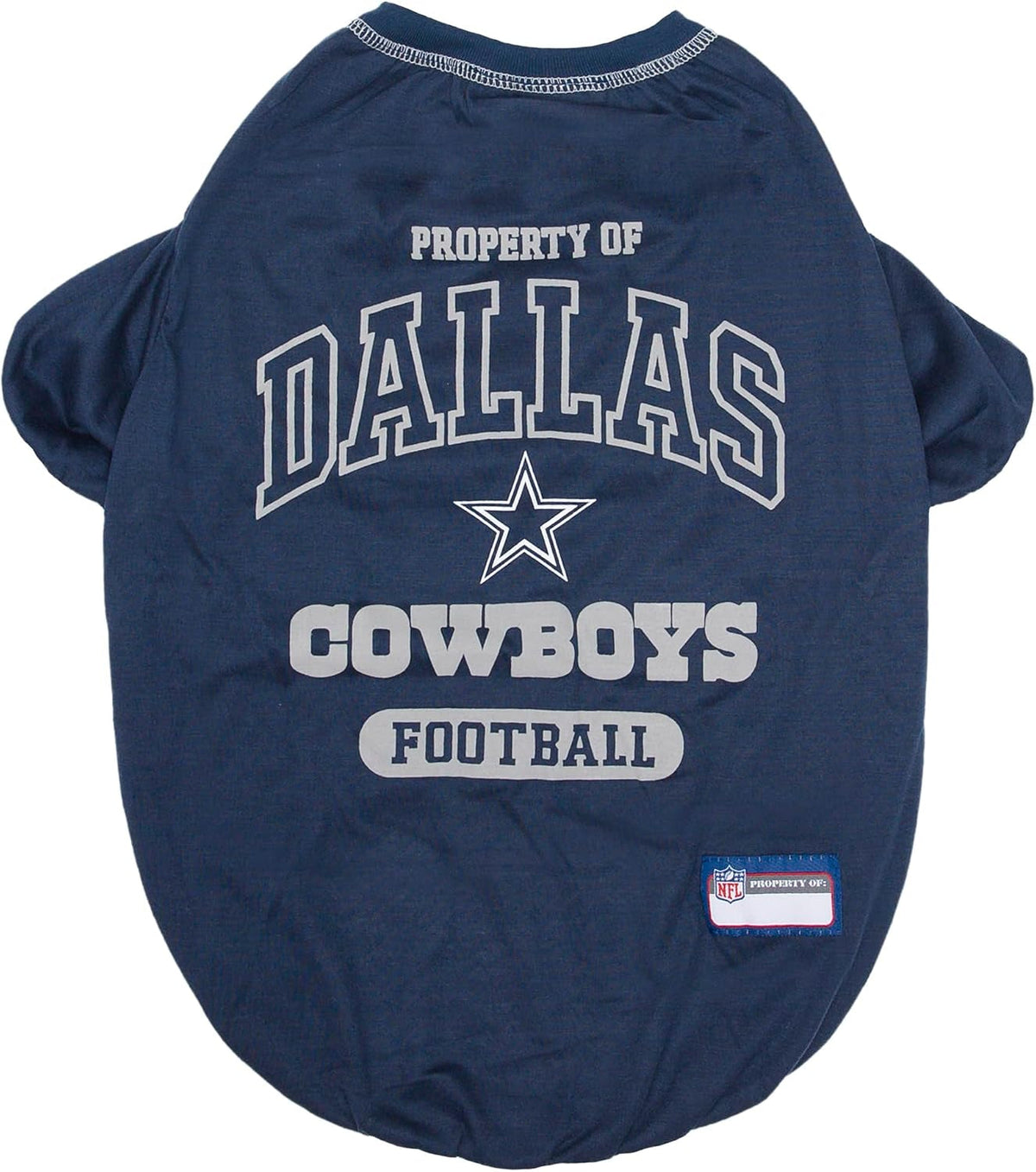 Navy blue dog jersey with 'Property of Dallas Cowboys Football' text on a white background