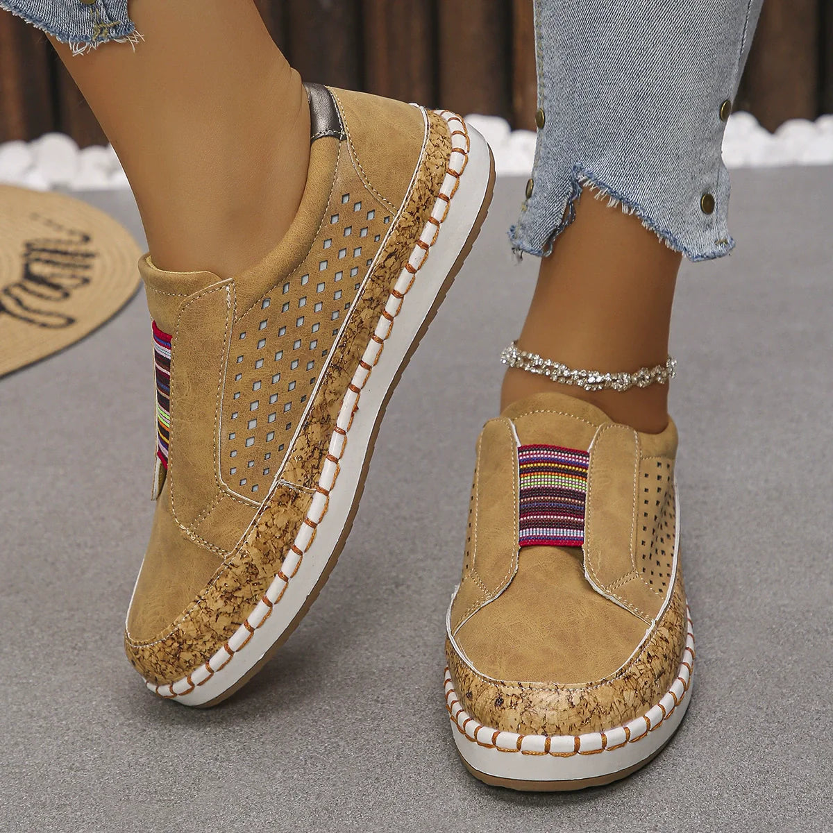 Slip-On Sneakers with Cork Trim Detail