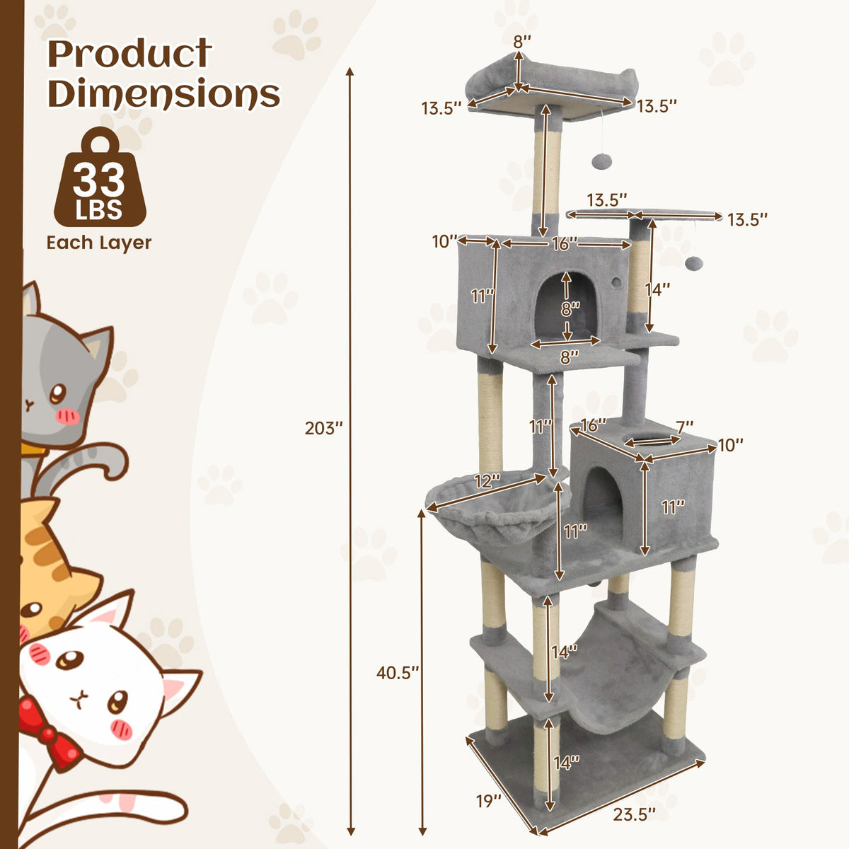 80" Tall Cat Tree Tower with 2 Condos & Hammock