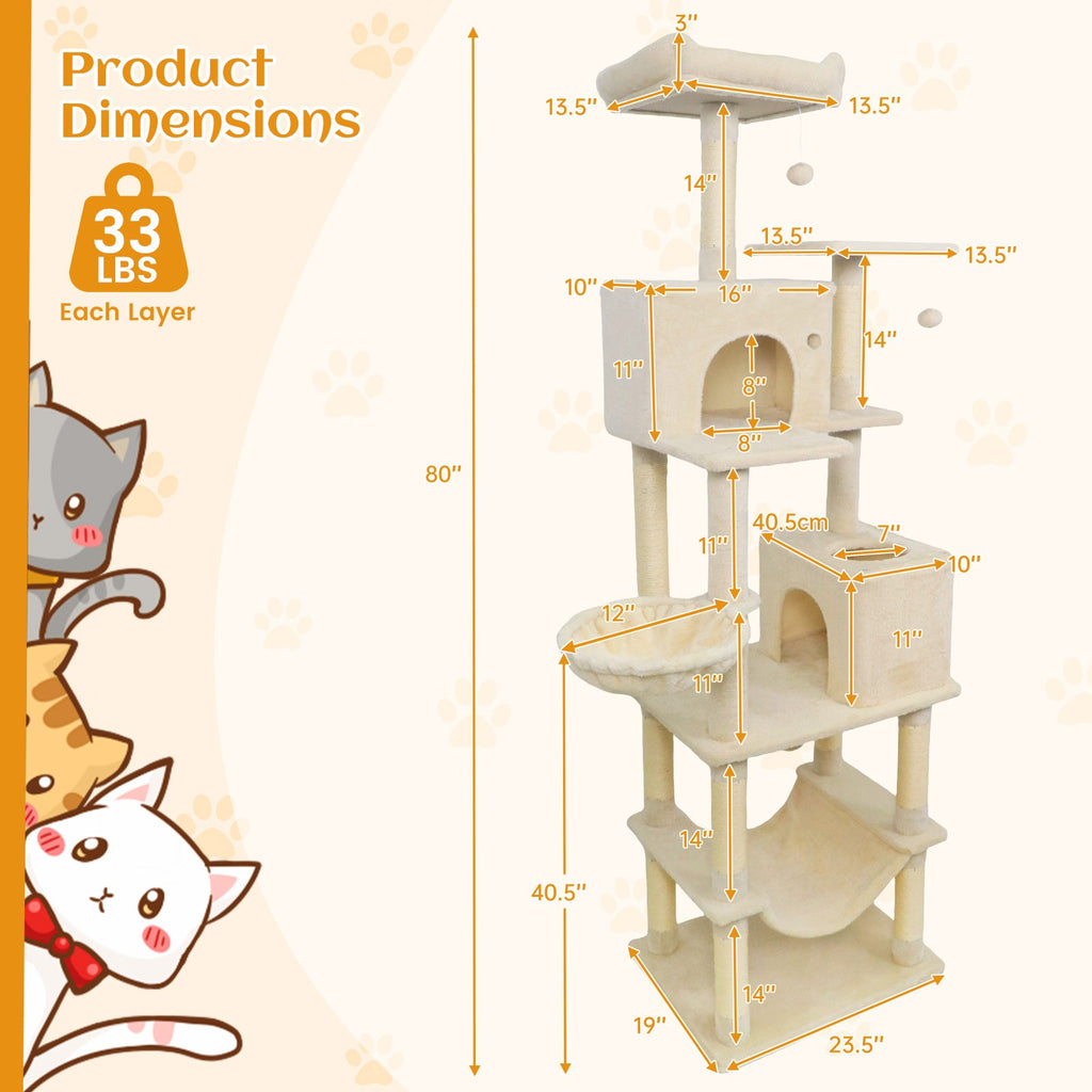 80" Tall Cat Tree Tower with 2 Condos & Hammock