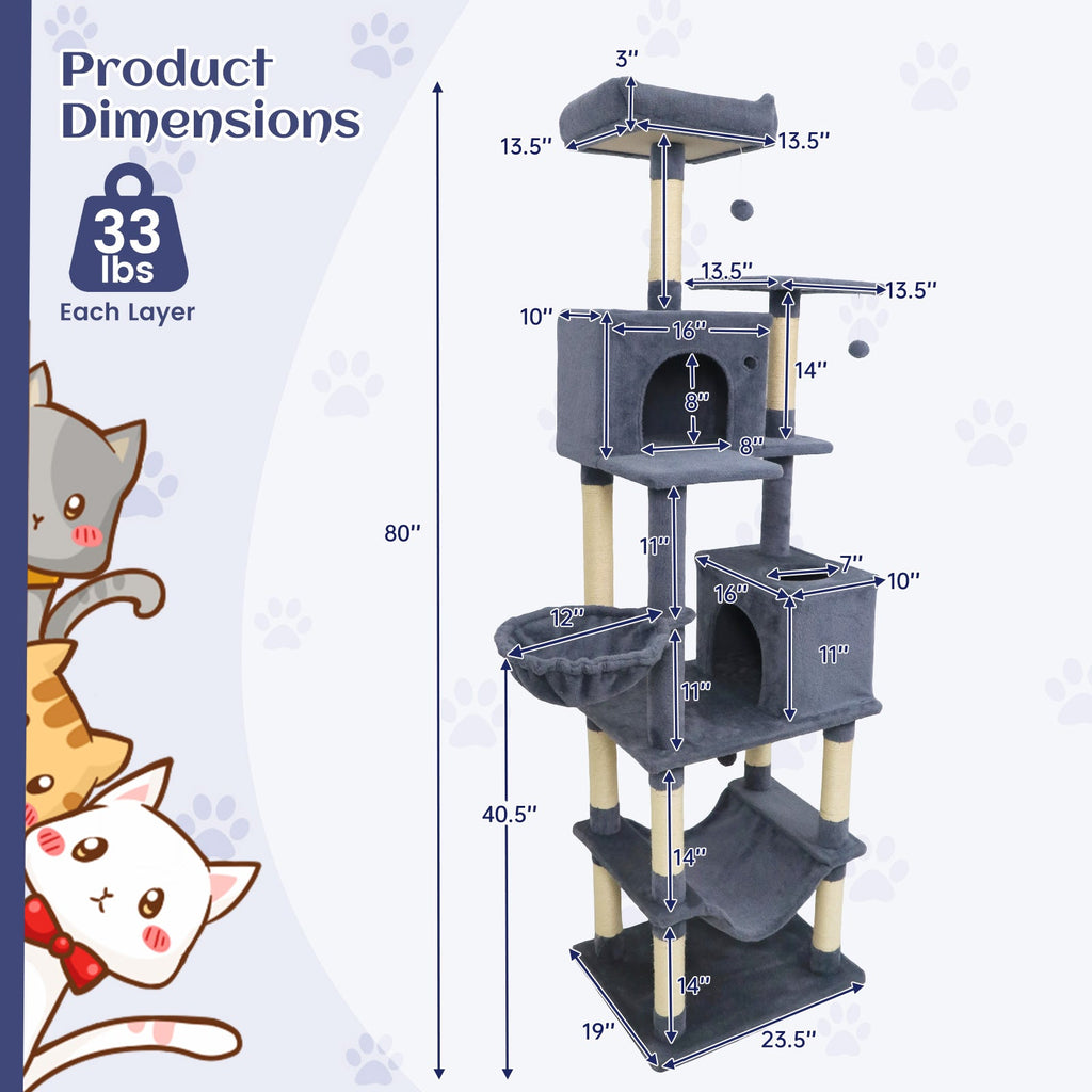 80" Tall Cat Tree Tower with 2 Condos & Hammock