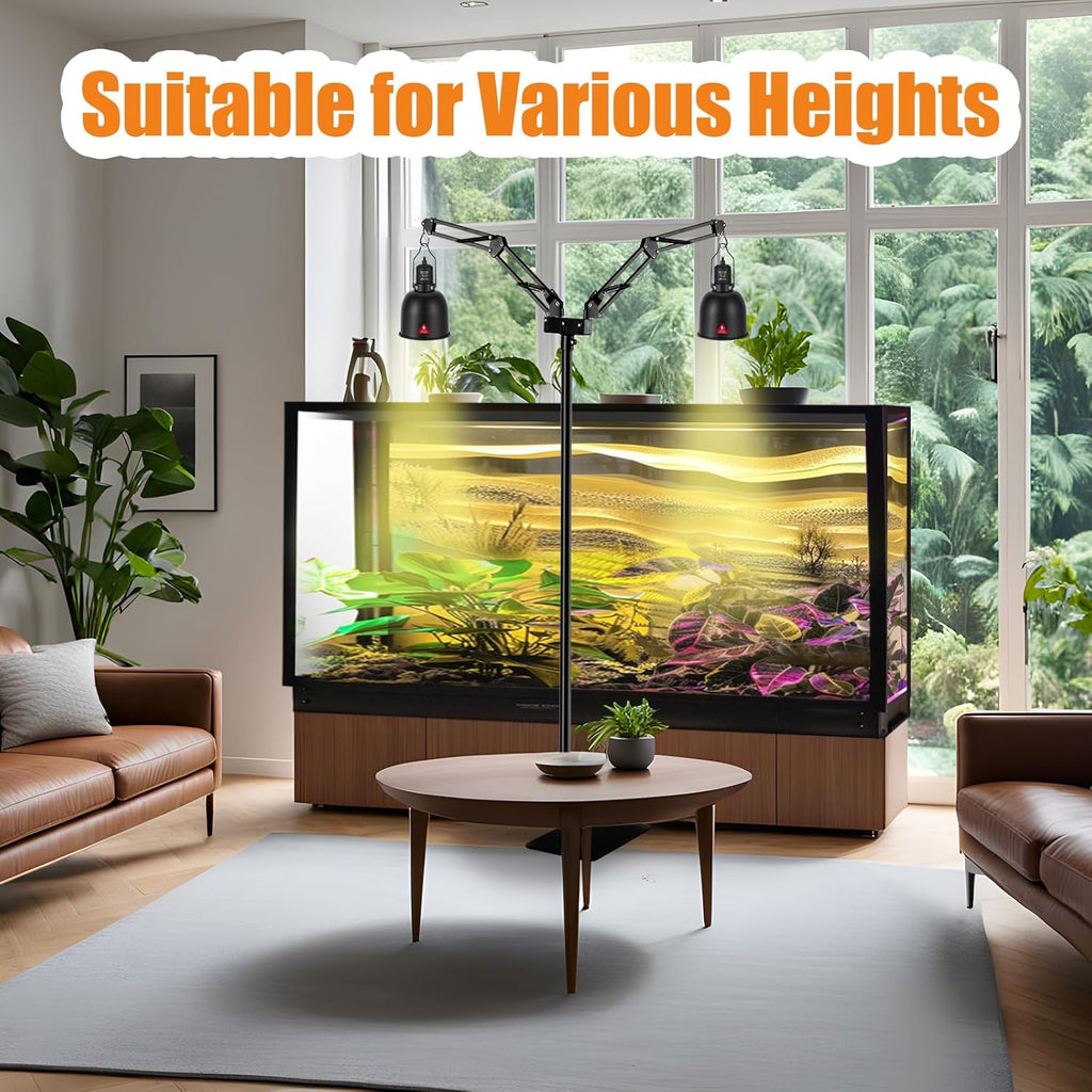 Modern living room with a large terrarium and 'Suitable for Various Heights' text.