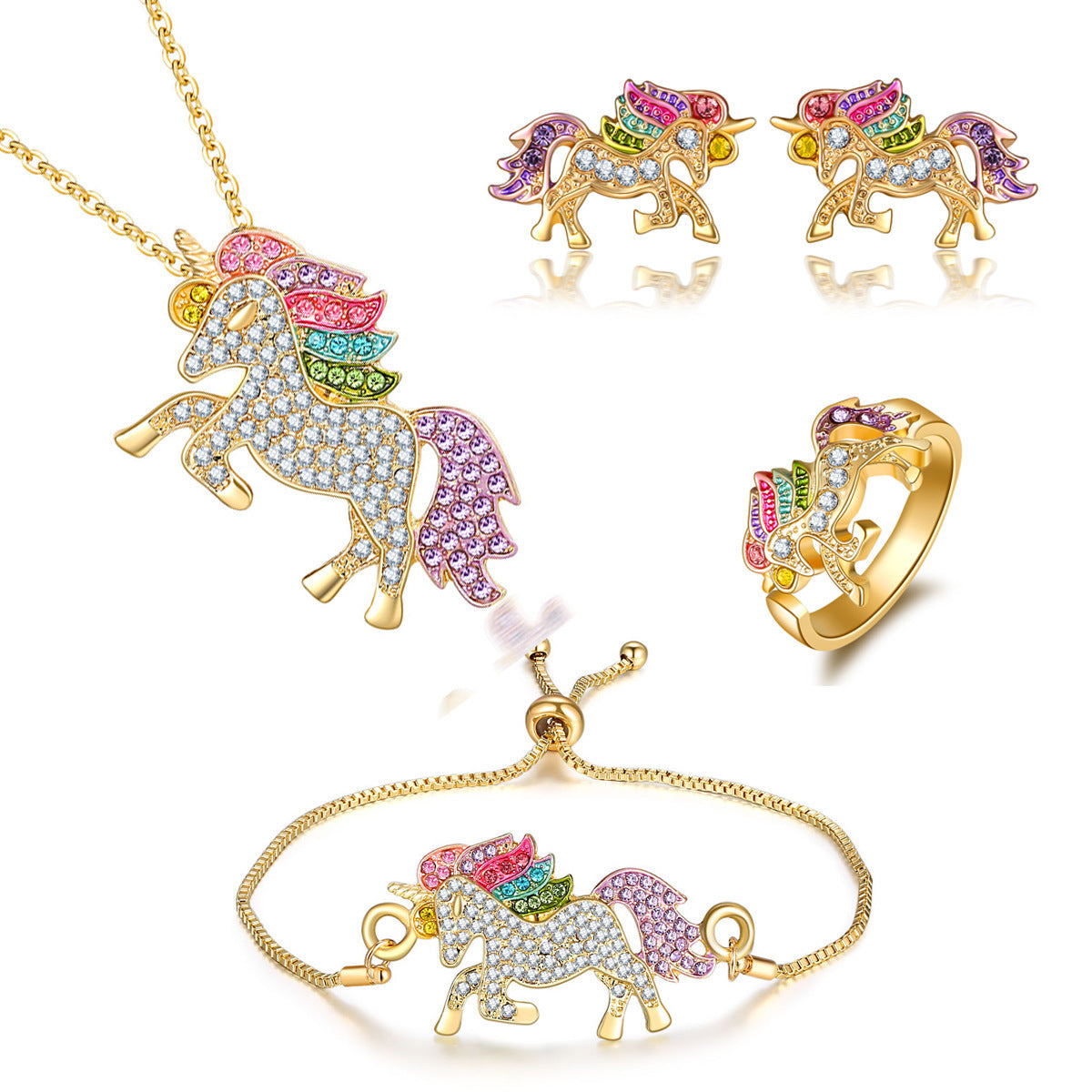 Unicorn Jewelry Set – Earrings, Necklace, Ring & Bracelet | Silver & Gold | 4-Piece
