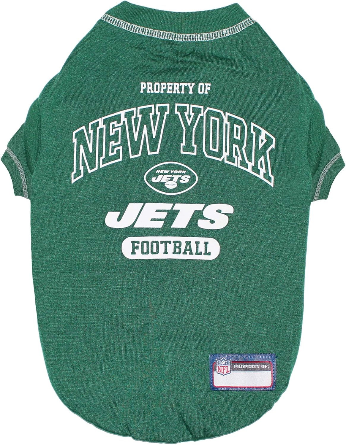 Green pet jersey with 'Property of New York Jets Football' text and logo on a white background