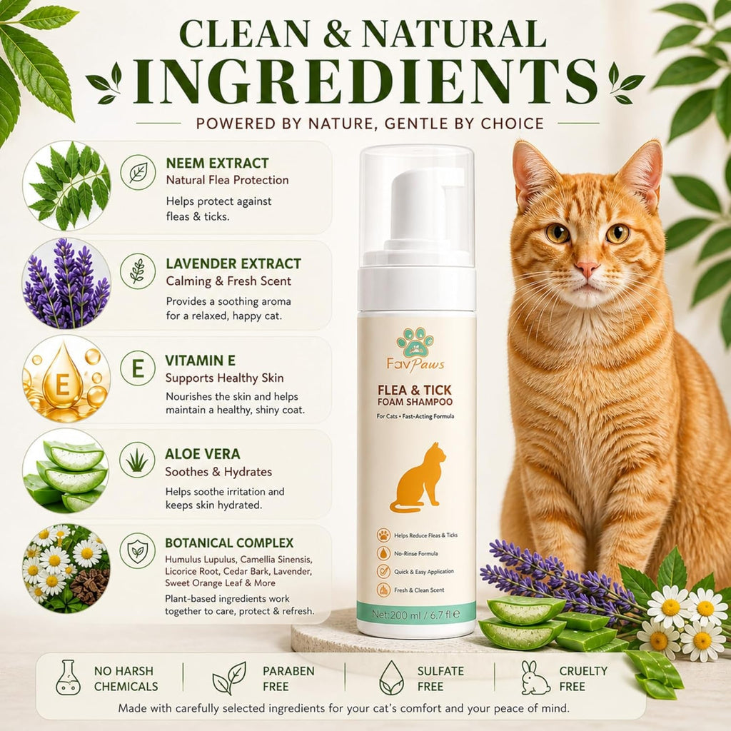 Cat shampoo bottle with ingredients listed and a cat sitting next to it, surrounded by plants and flowers.