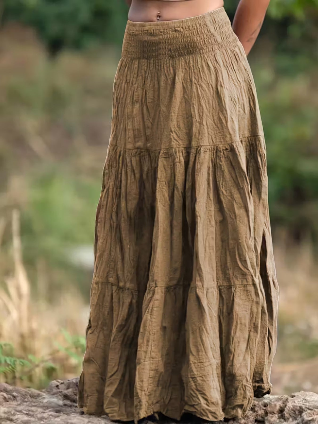 Women's Ruched Tiered Maxi Skirt | Bohemian Flowy Long Skirt