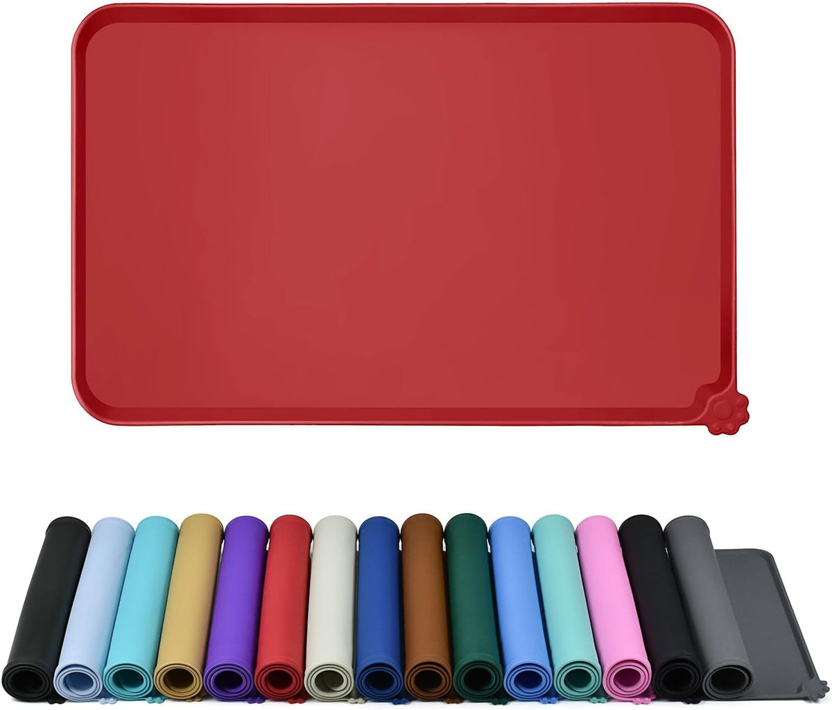 Red raised-edge silicone feeding mat above rolled mats in multiple colors.
