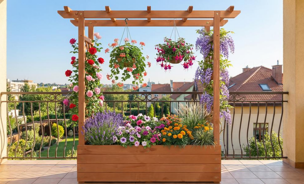 Raised Wooden Planter Box with Pergola Trellis – 100% Fir Wood, 4 Drainage Holes | Patio & Balcony