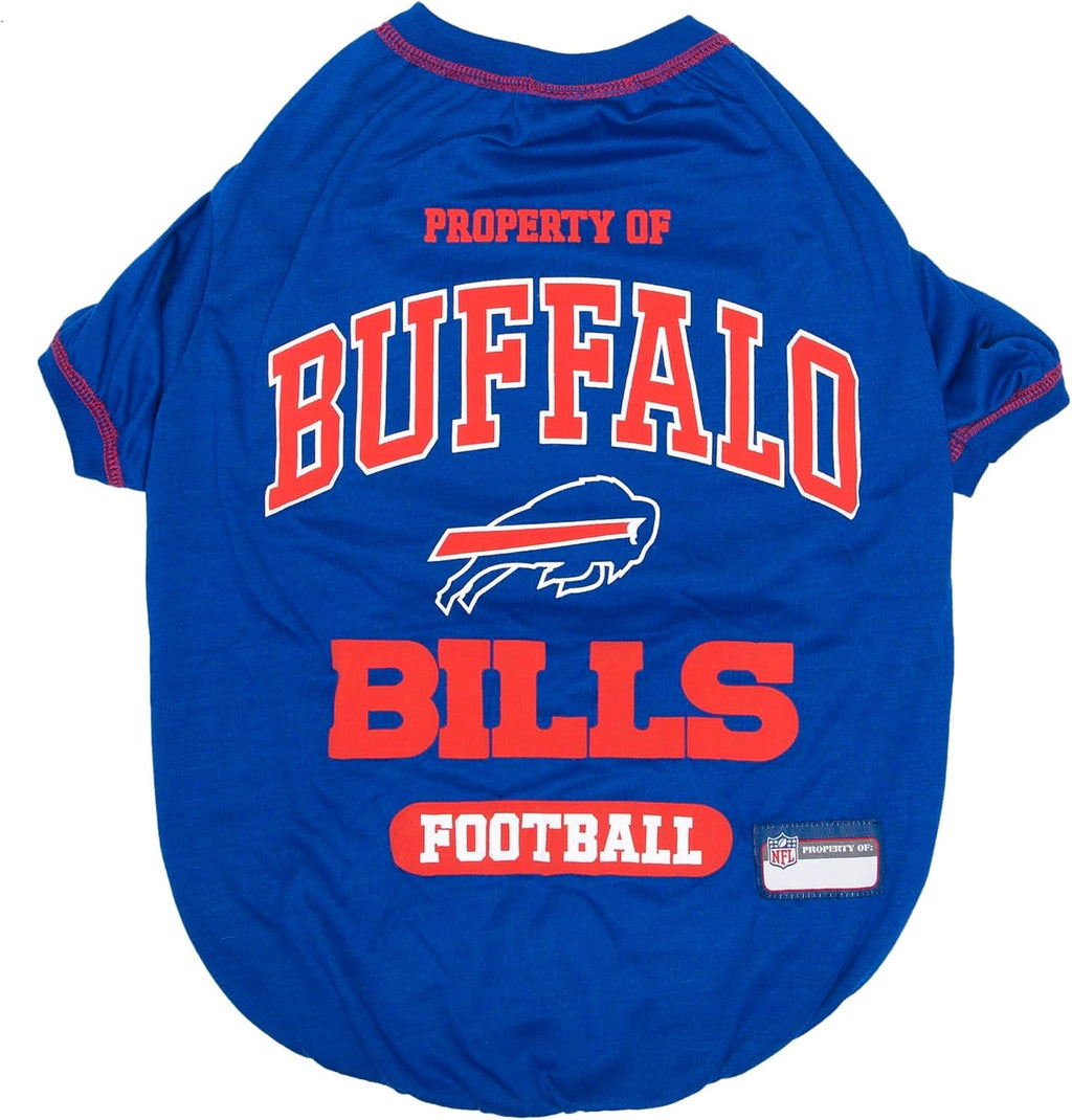 Blue pet shirt with 'Buffalo Bills' text and logo on a white background