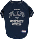Navy blue dog jersey with 'Property of Dallas Cowboys Football' text on a white background