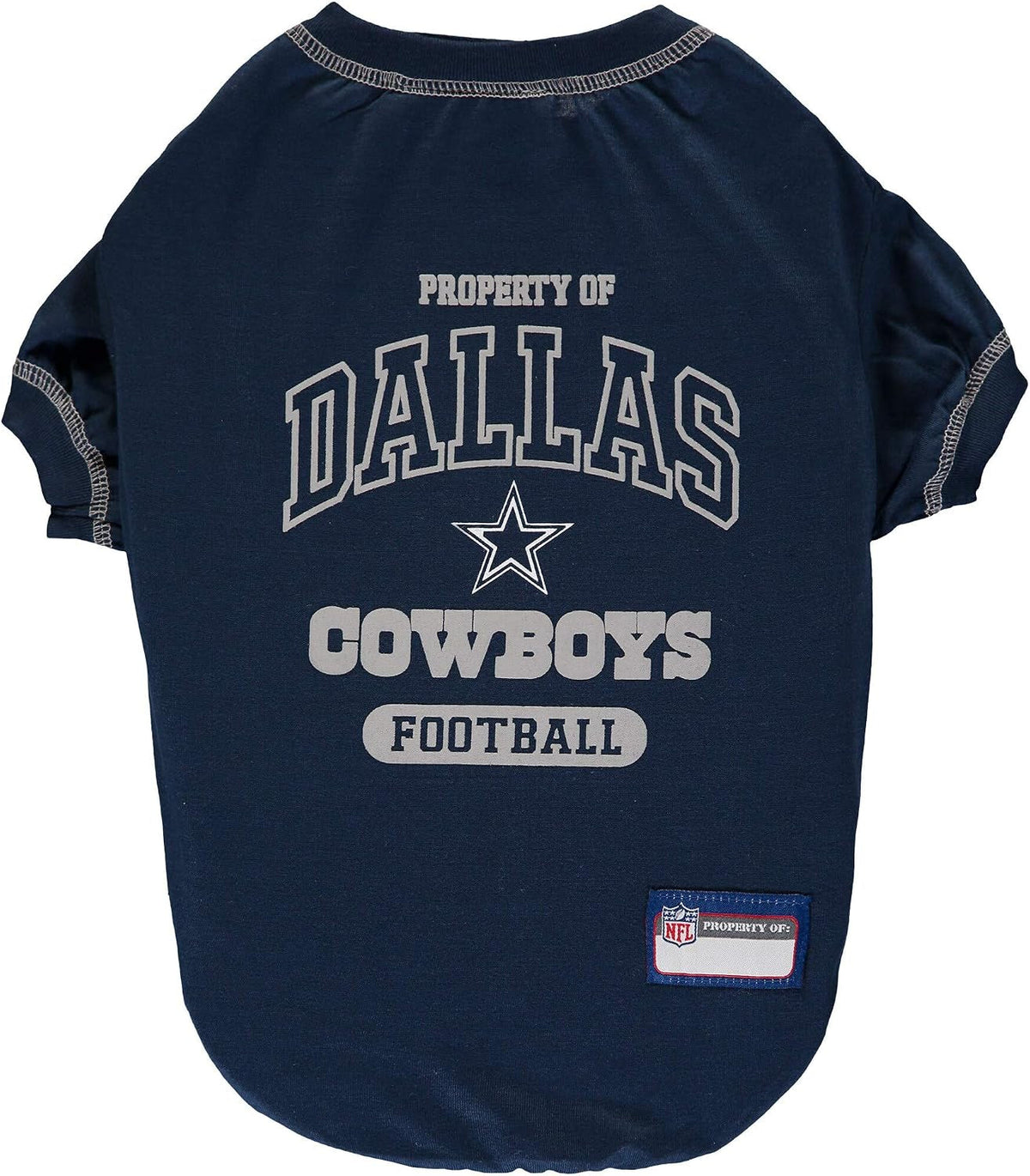 Navy blue dog jersey with 'Property of Dallas Cowboys Football' text on a white background