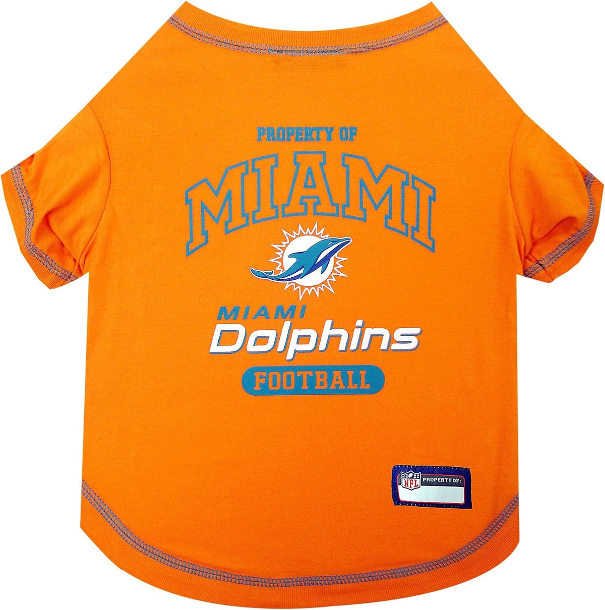 Orange dog t-shirt with Miami Dolphins logo and text on a white background