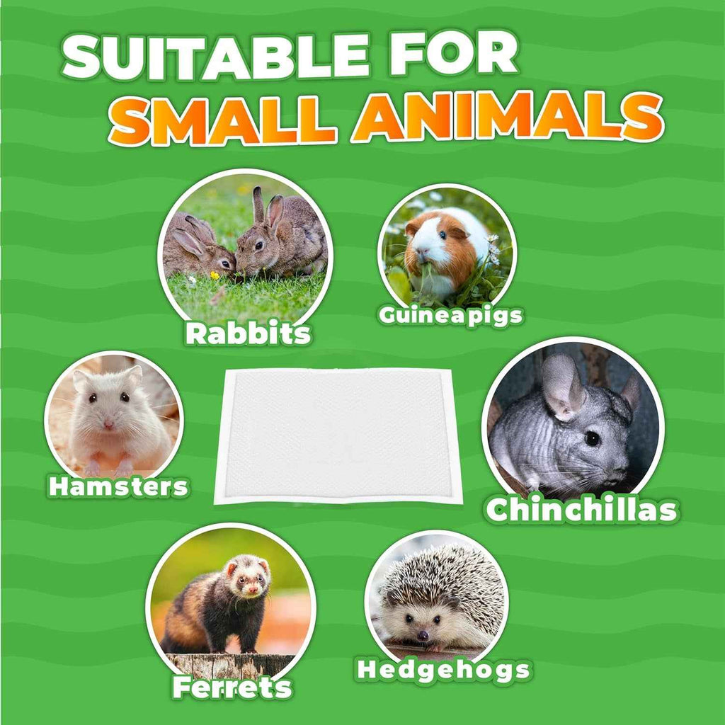 Product label suitable for small animals with images of rabbits, guinea pigs, hamsters, chinchillas, ferrets, and hedgehogs on a green background.