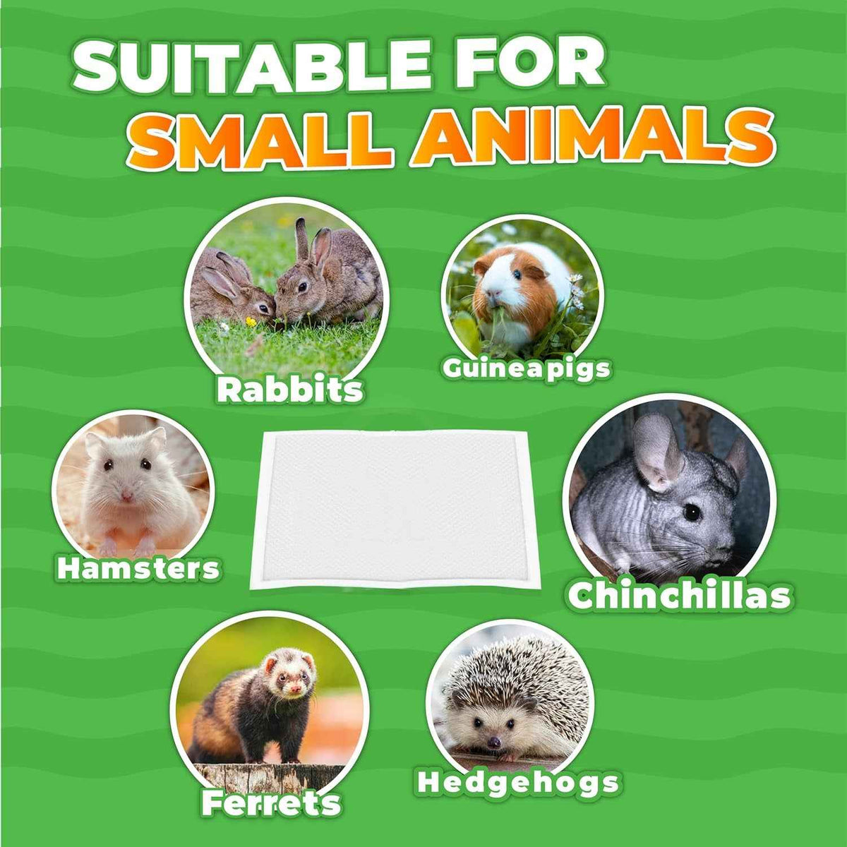 Product label suitable for small animals with images of rabbits, guinea pigs, hamsters, chinchillas, ferrets, and hedgehogs on a green background.