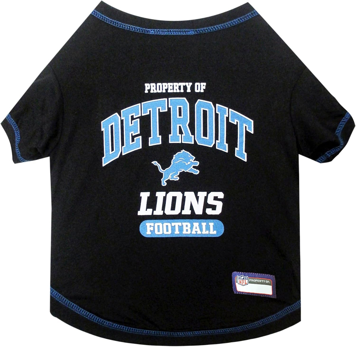A black pet t-shirt featuring Detroit Lions Football graphics, including the team logo and 'Property of Detroit Lions Football' text, with blue and white accents and blue contrast stitching.