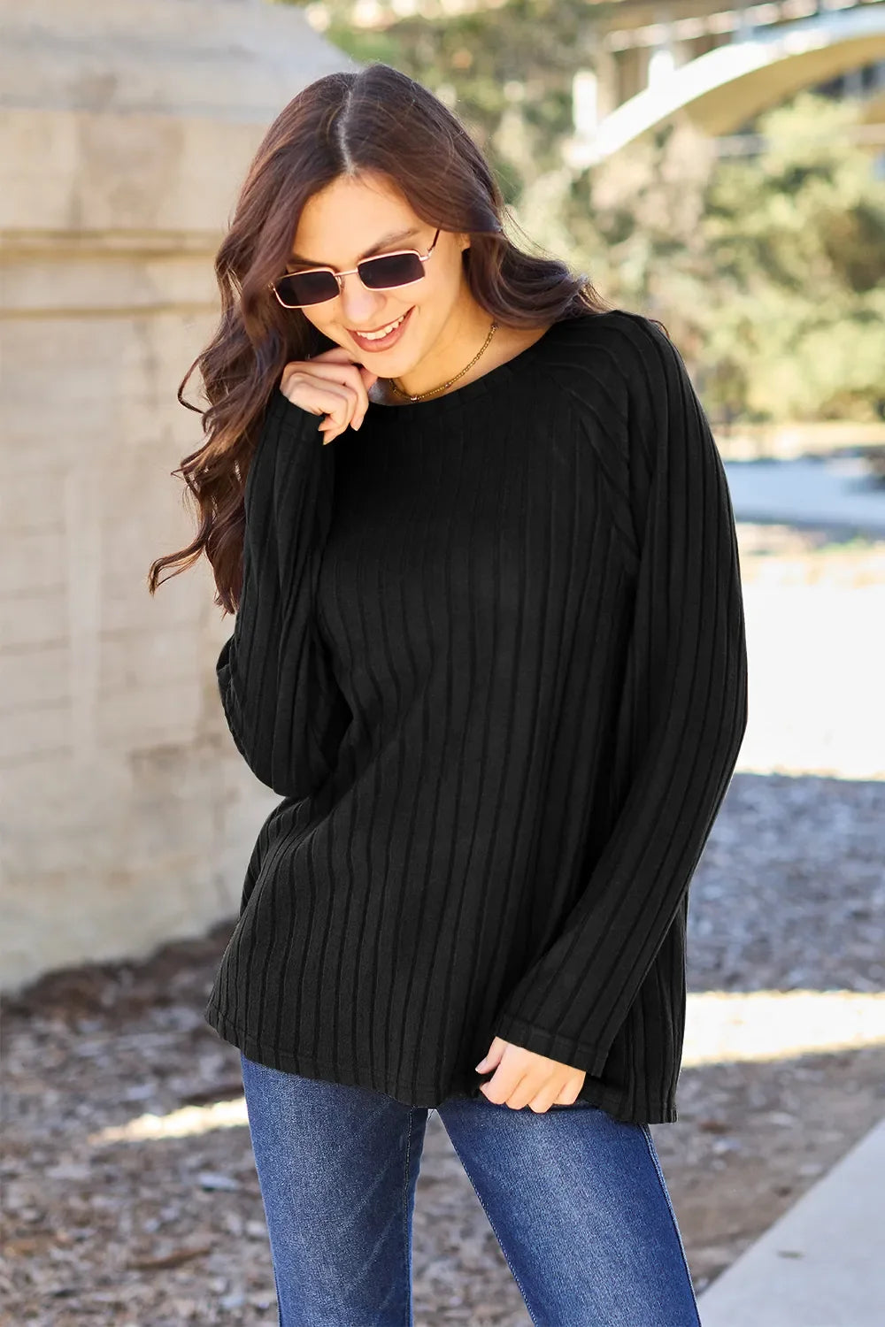 Ribbed Round Neck Oversized Knit Top