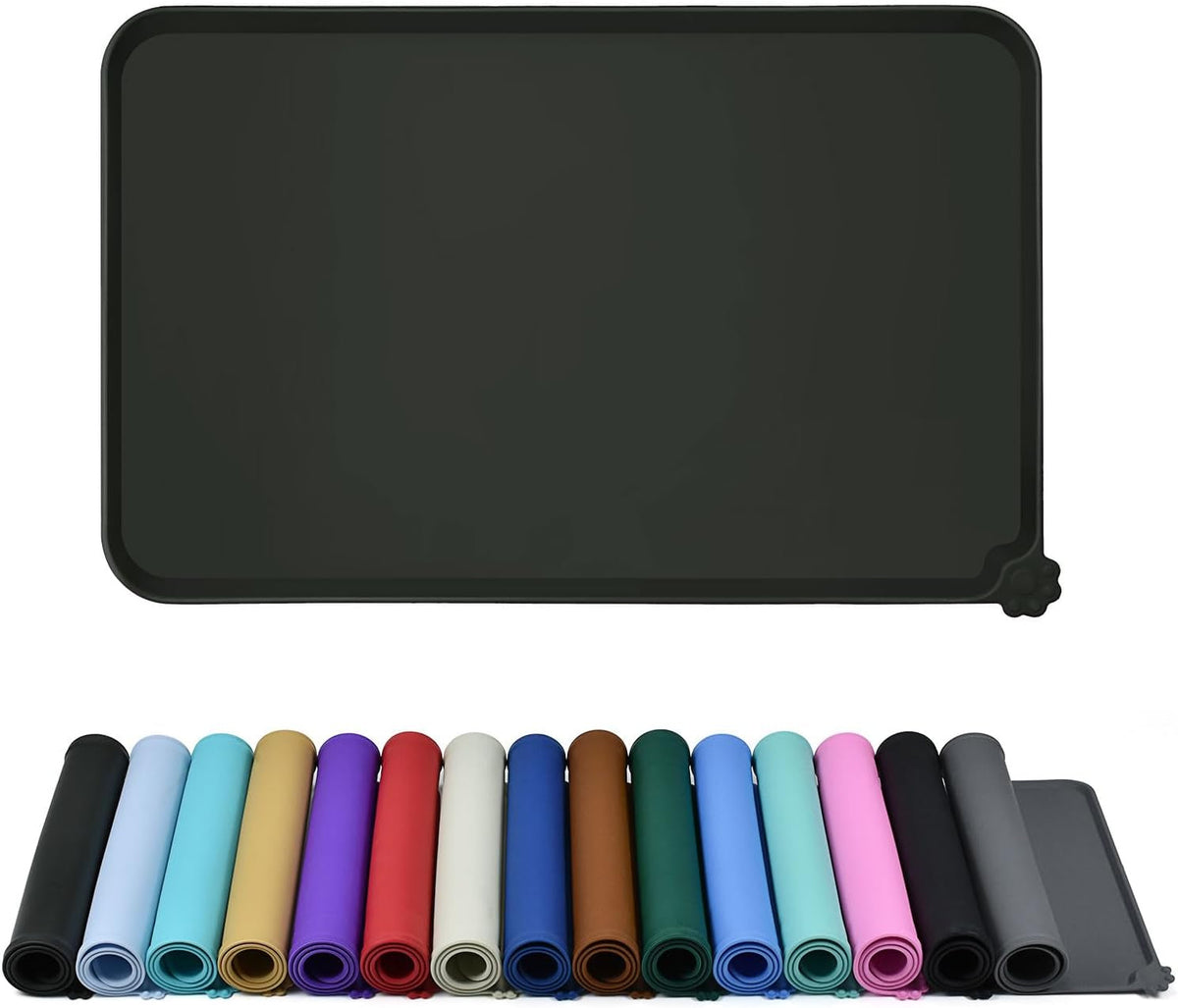 Black silicone feeding mat with a row of colorful mats underneath on a white background