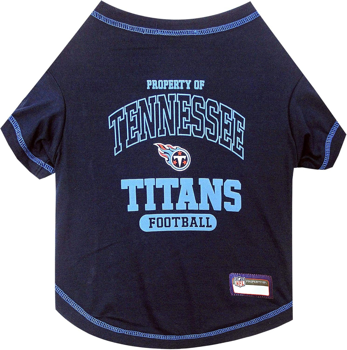 A navy blue pet t-shirt featuring Tennessee Titans football graphics on the front, including the team logo and text, with blue contrast stitching.