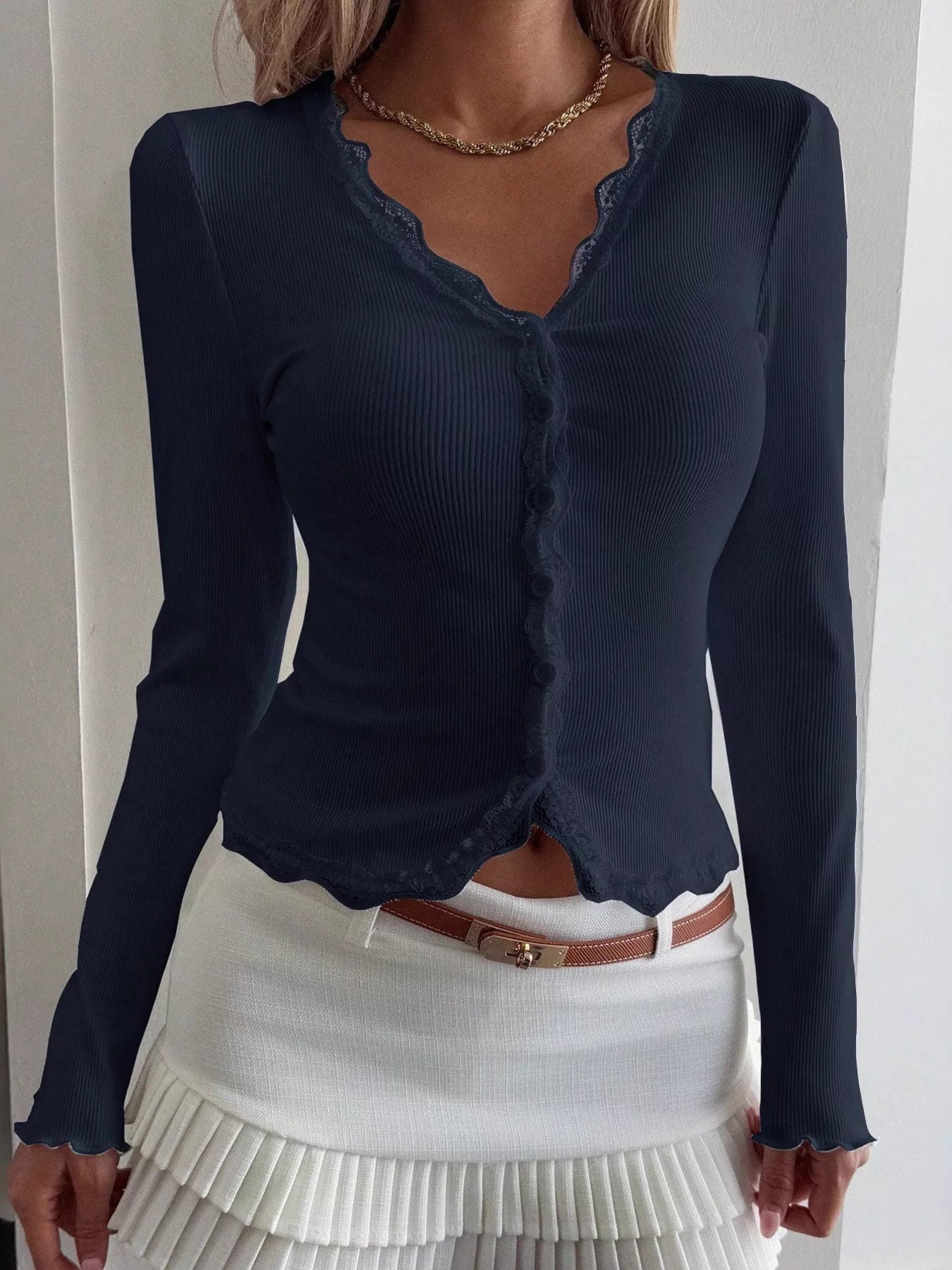 Lace Trim Long Sleeve Ribbed Buttoned Top
