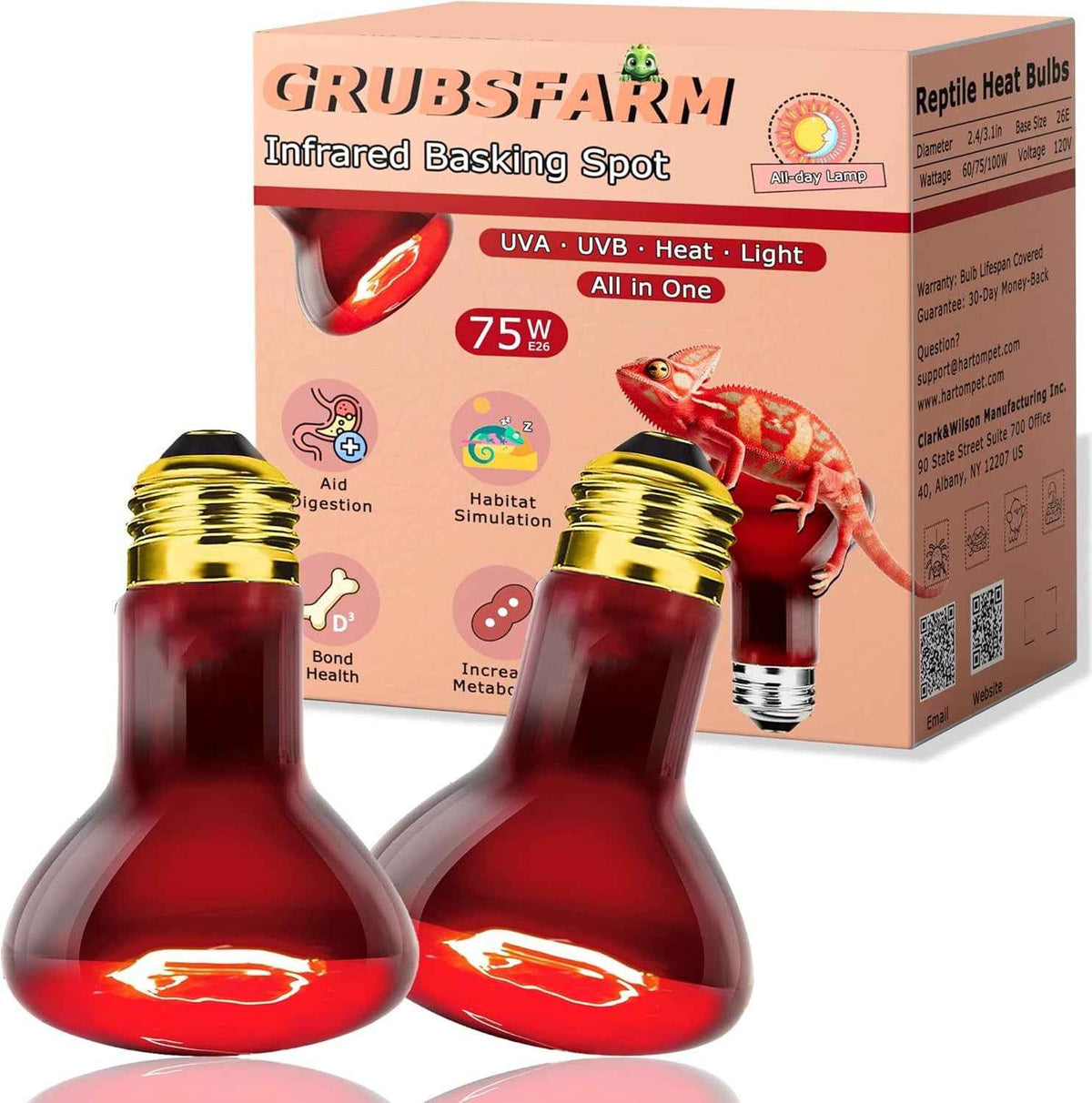 Two reptile heat bulbs with a GrubsFarm packaging box in the background.