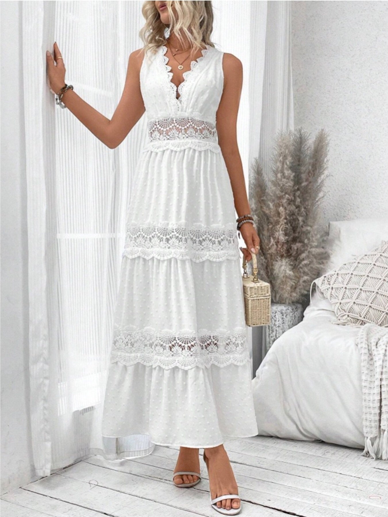 Lace Swiss Dot Sleeveless Maxi Dress