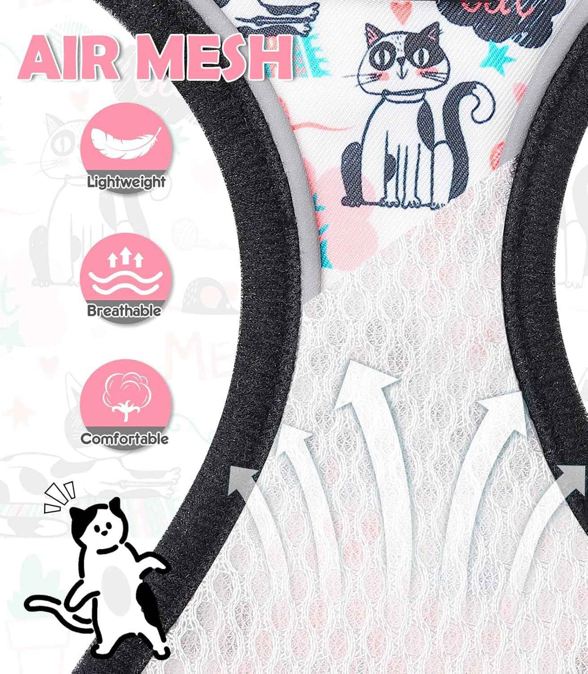 Air mesh material with cat illustrations and features on a light background