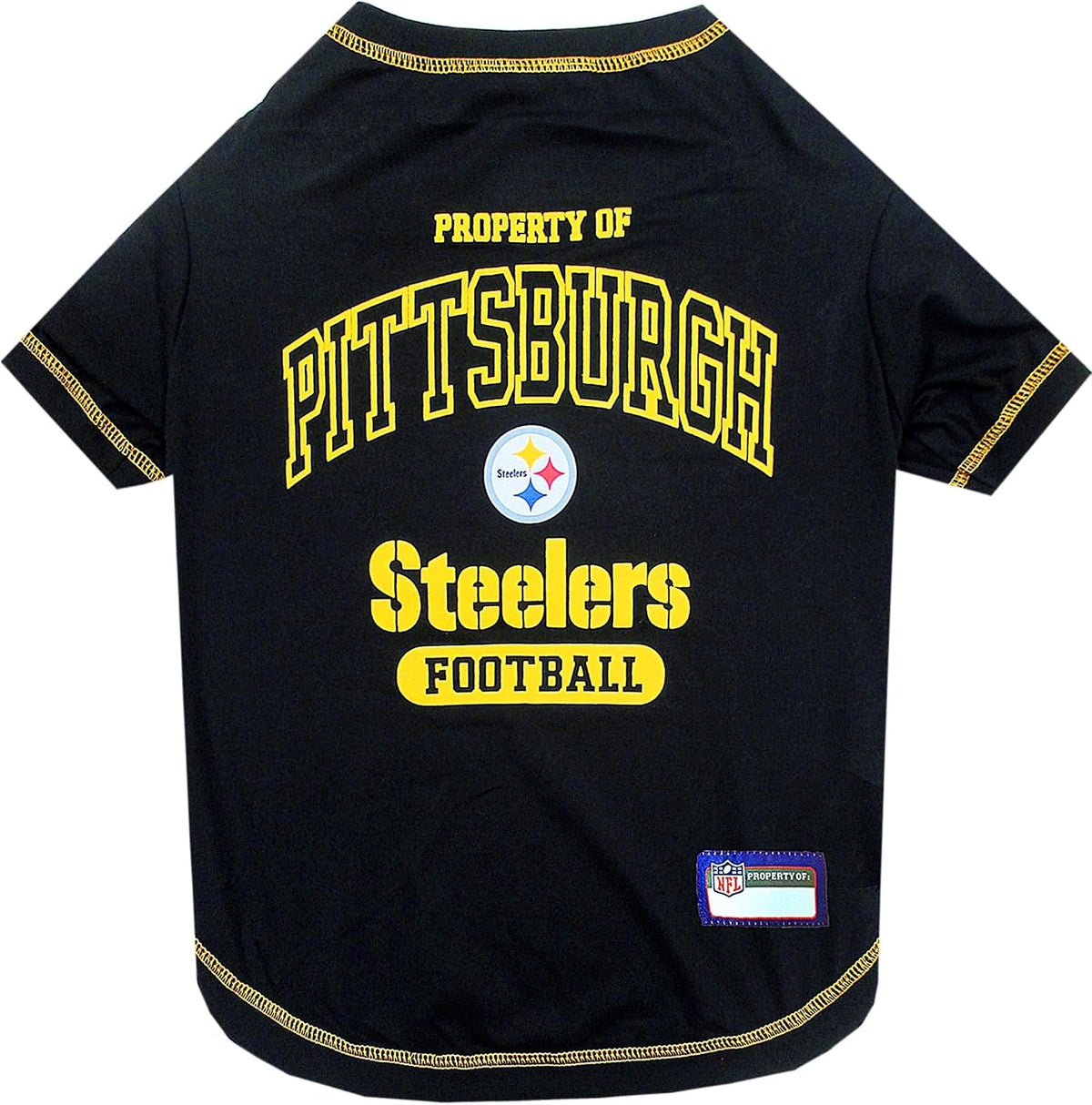 Black pet dog t-shirt featuring Pittsburgh Steelers graphics, including 'PROPERTY OF PITTSBURGH', the Steelers logo, and 'Steelers FOOTBALL' in yellow on the back.