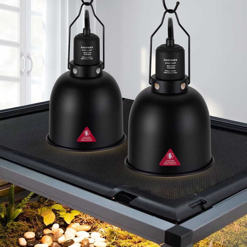 Two black DXOPHIEX deep dome lamps on a terrarium screen lid
