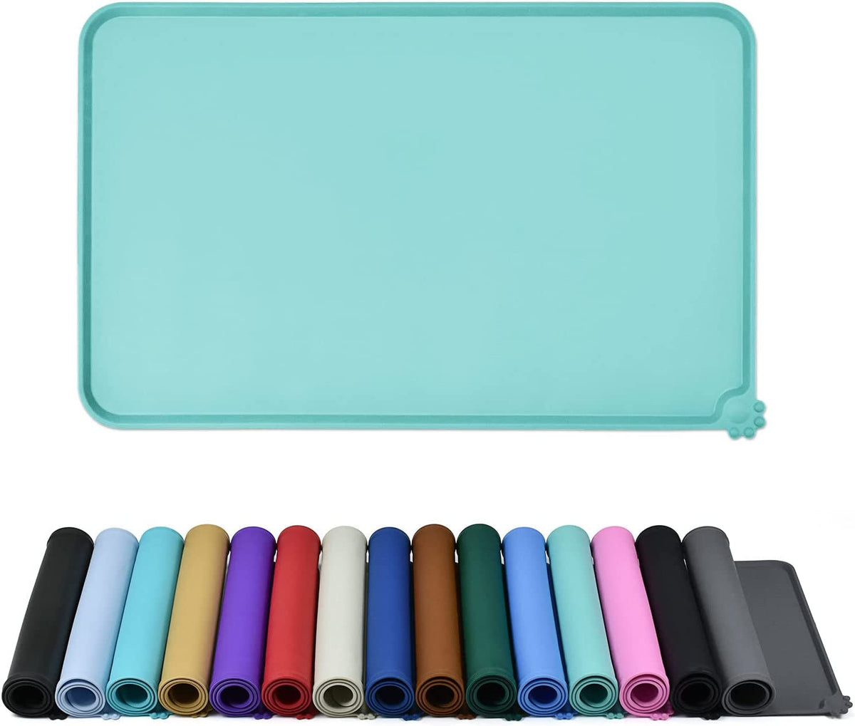 Teal silicone mat with a row of colorful silicone bands below on a white background