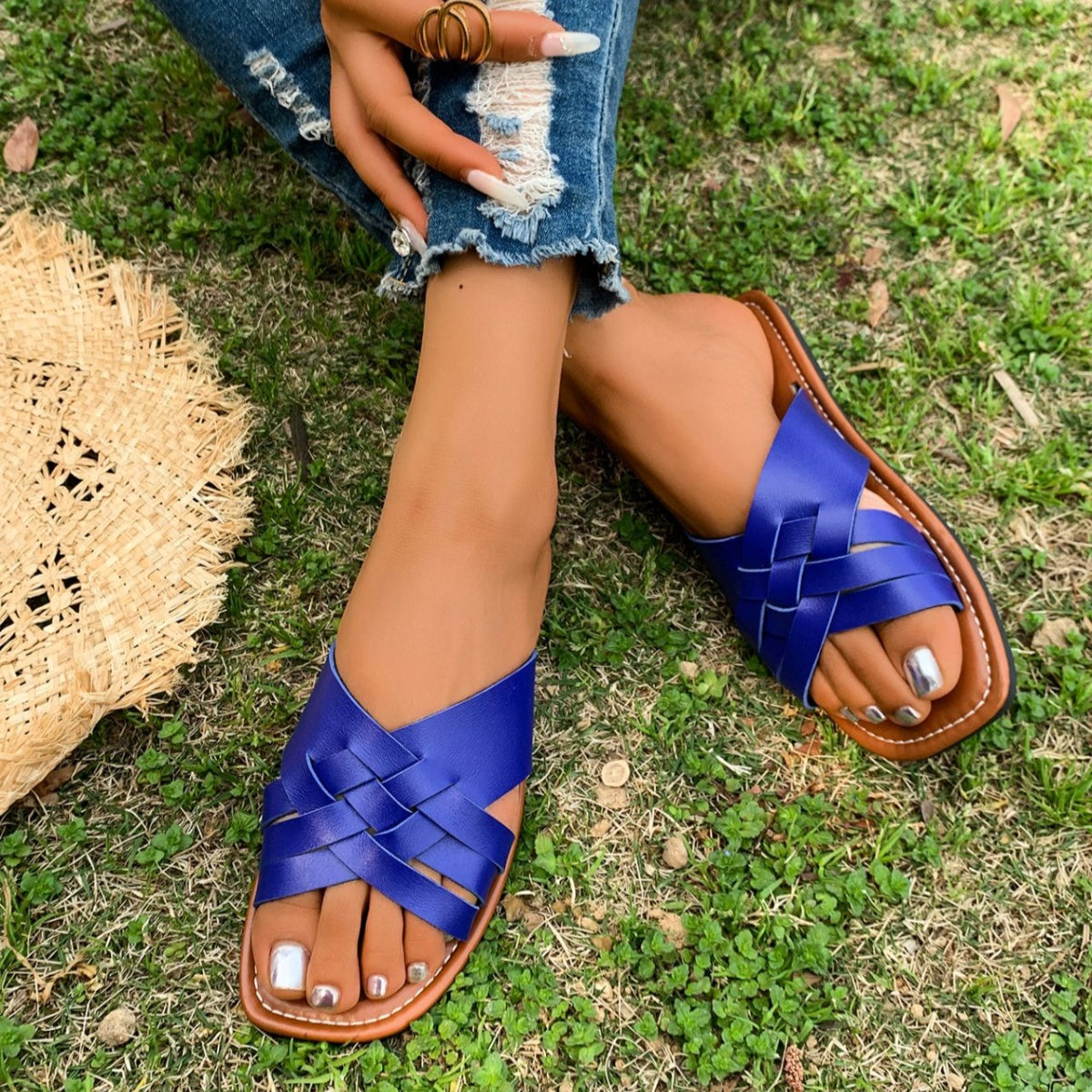 Women's Woven Open Toe Sandals | Bohemian Leather Flats