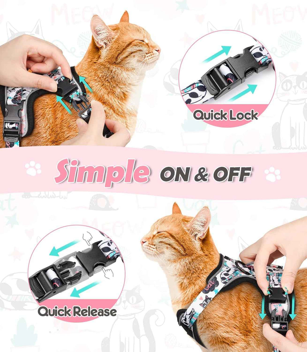 Cat wearing a harness with quick lock and release features, shown on a white background.