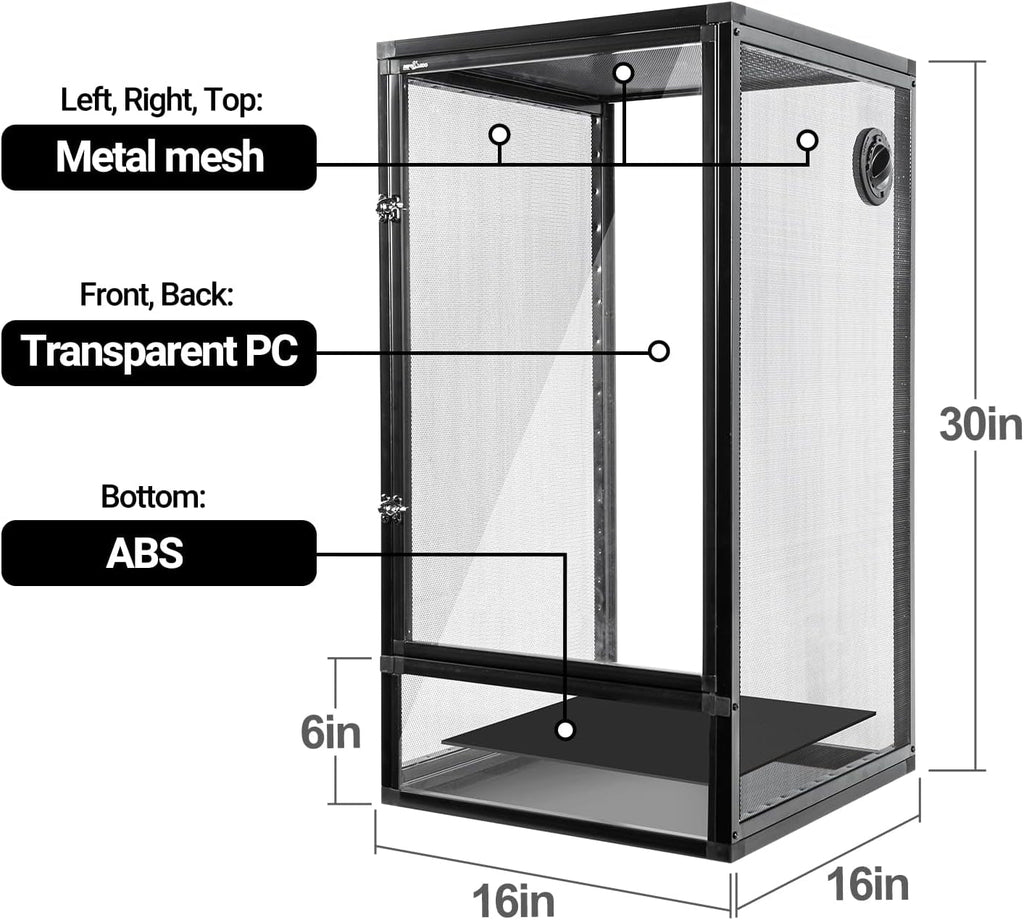 Black metal mesh and transparent enclosure with dimension labels showing 30in height and 16in width/depth, plus callouts for metal mesh, transparent PC, and ABS bottom.
