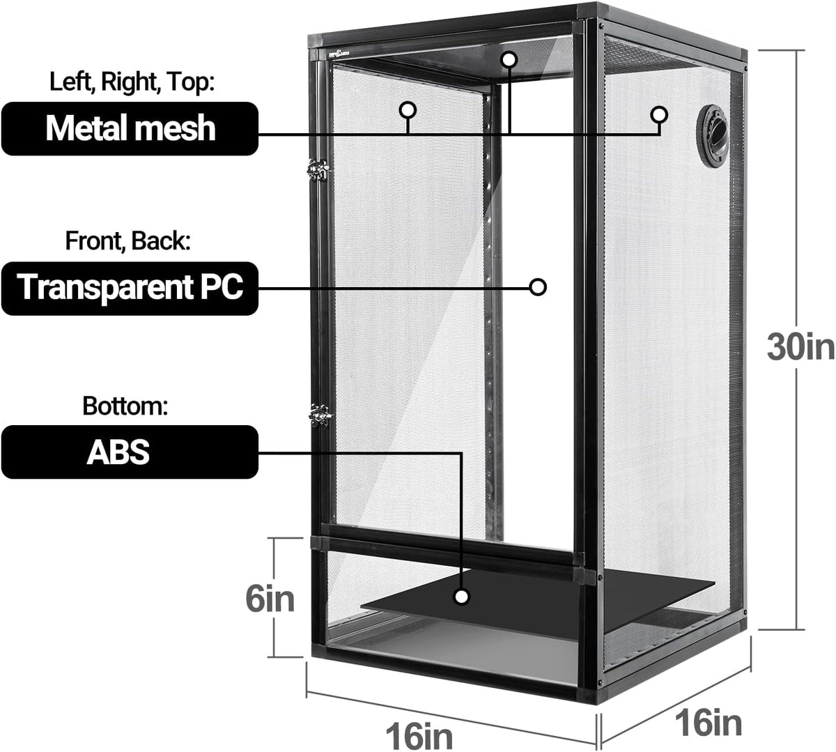 Black metal mesh and transparent enclosure with dimension labels showing 30in height and 16in width/depth, plus callouts for metal mesh, transparent PC, and ABS bottom.