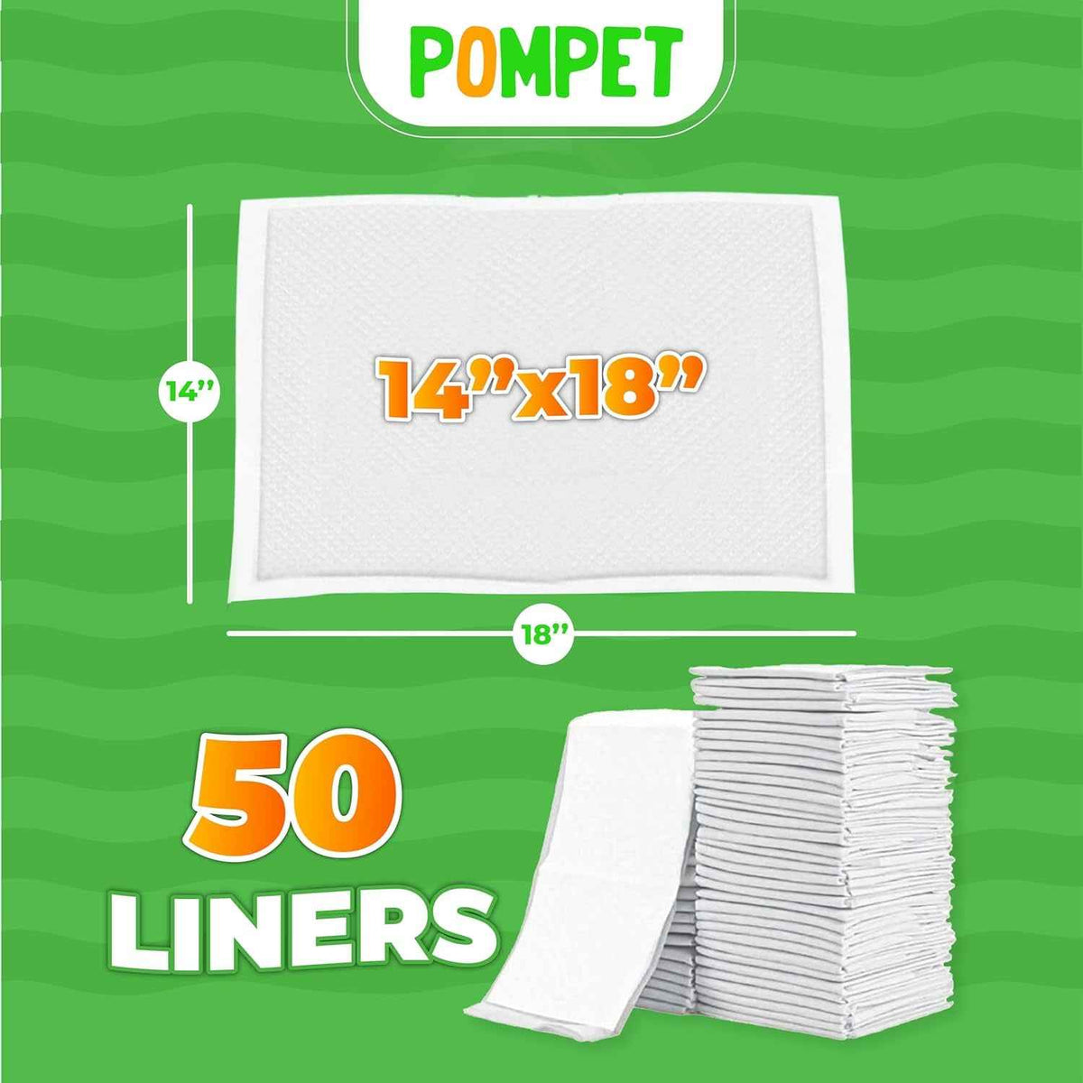 Pompet dog training pads with dimensions and quantity on a green background