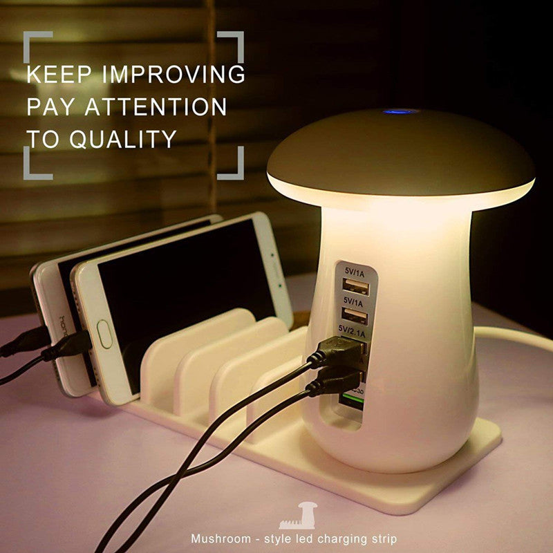 Mushroom LED Night Lamp + 5-Port USB Charging Station with Device Stand