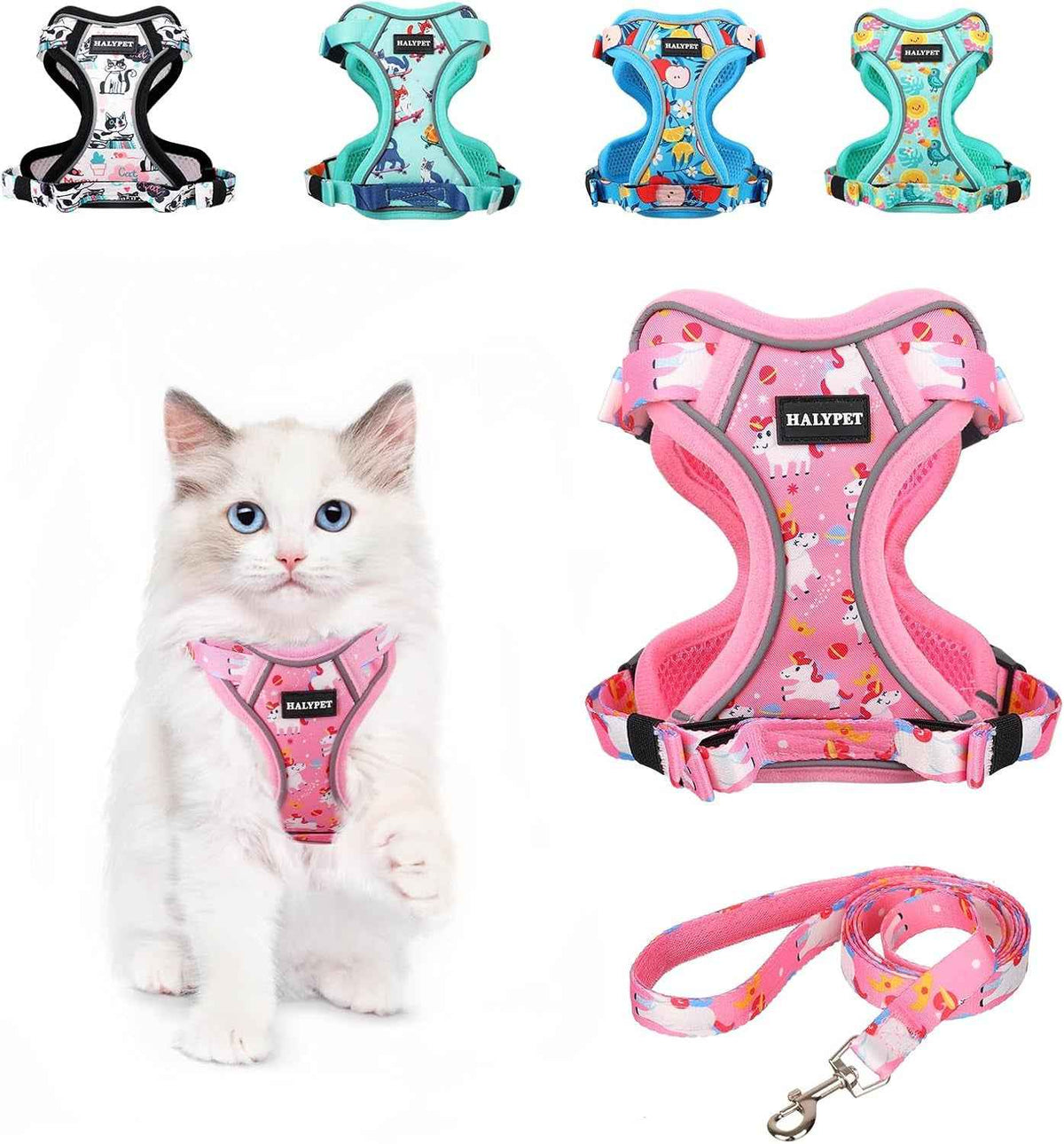 A collage showing a pet harness and matching leash in multiple color/pattern options, with one pink unicorn-print harness worn by a white cat on the left and a larger isolated view of the pink harness on the right. The harnesses have a black brand patch reading HAYPET.