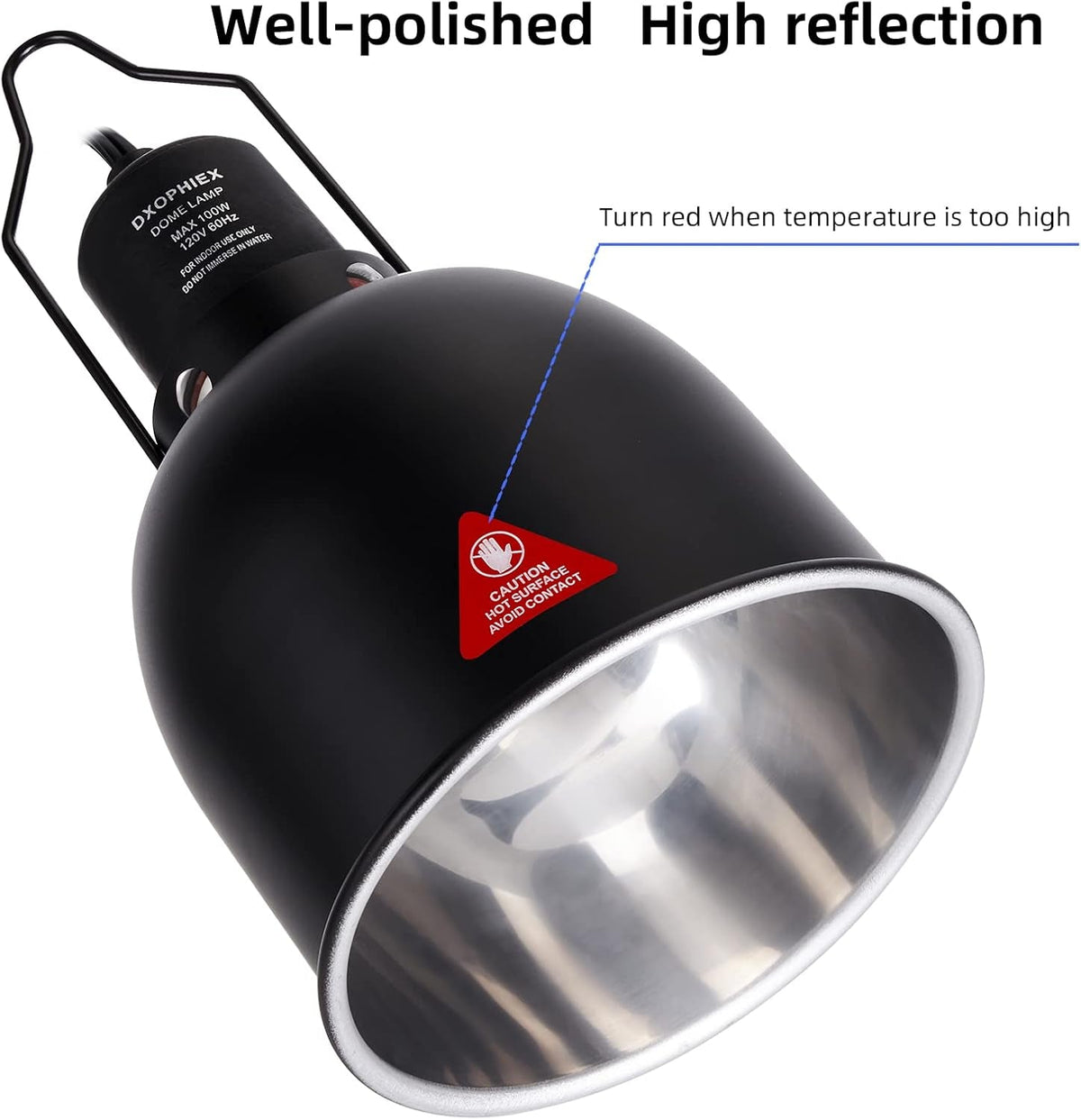 Black and silver lamp with temperature warning label on a white background