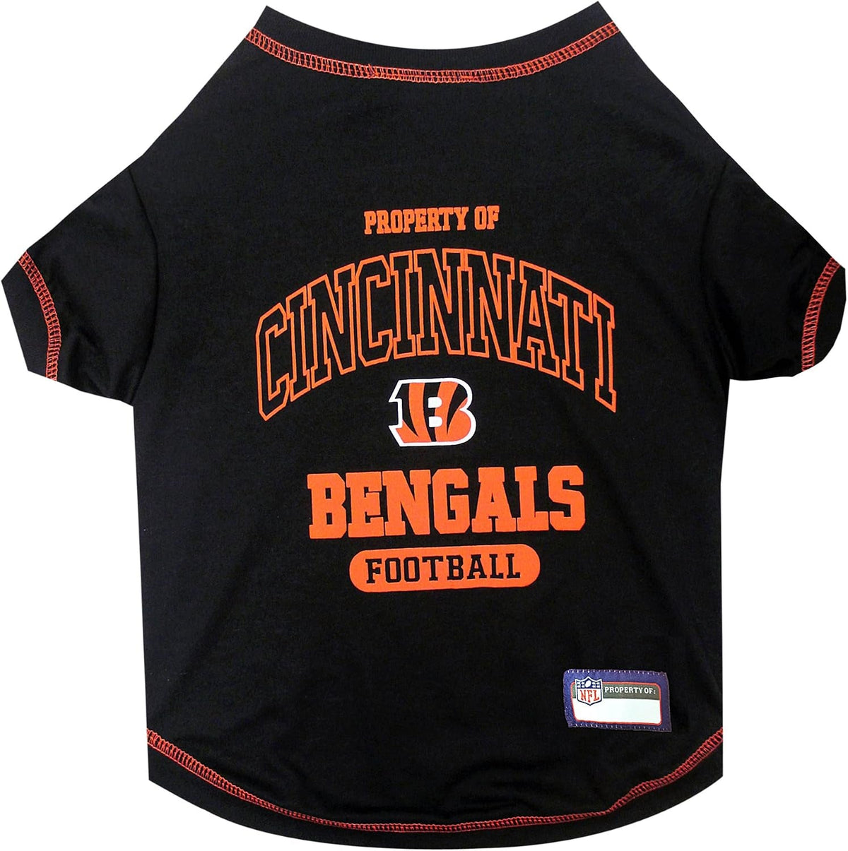 A black dog t-shirt featuring Cincinnati Bengals football graphics, including 'PROPERTY OF CINCINNATI BENGALS FOOTBALL' in orange and white, with a Bengals logo in the center.
