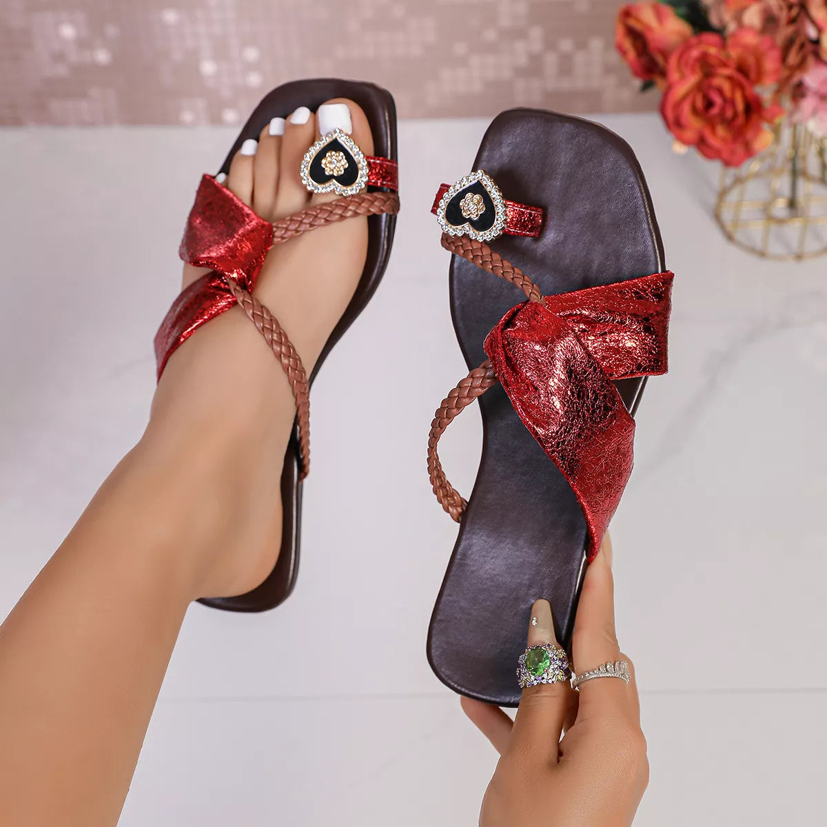 Braided Thong Sandals with Heart Detail