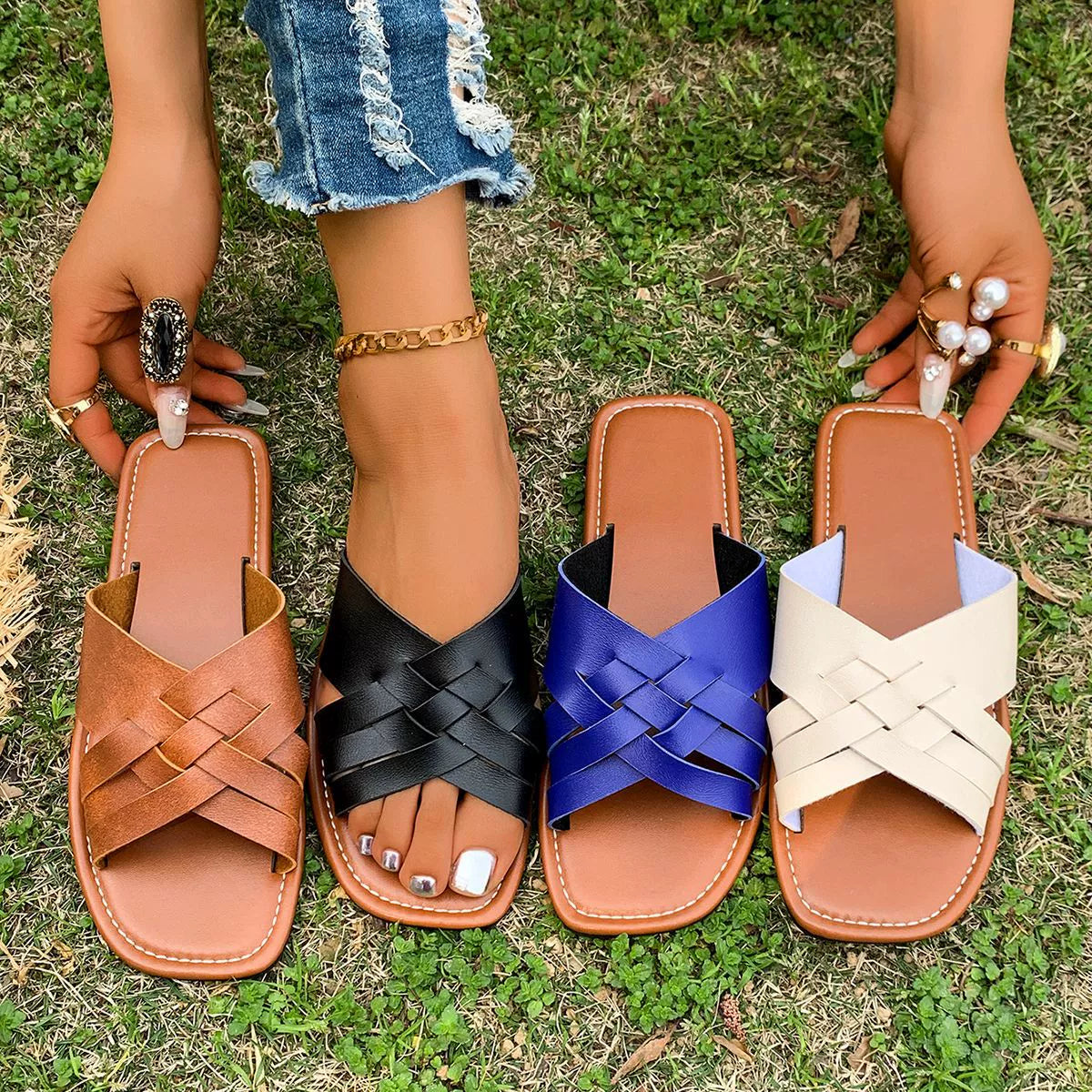 Women's Woven Open Toe Sandals | Bohemian Leather Flats