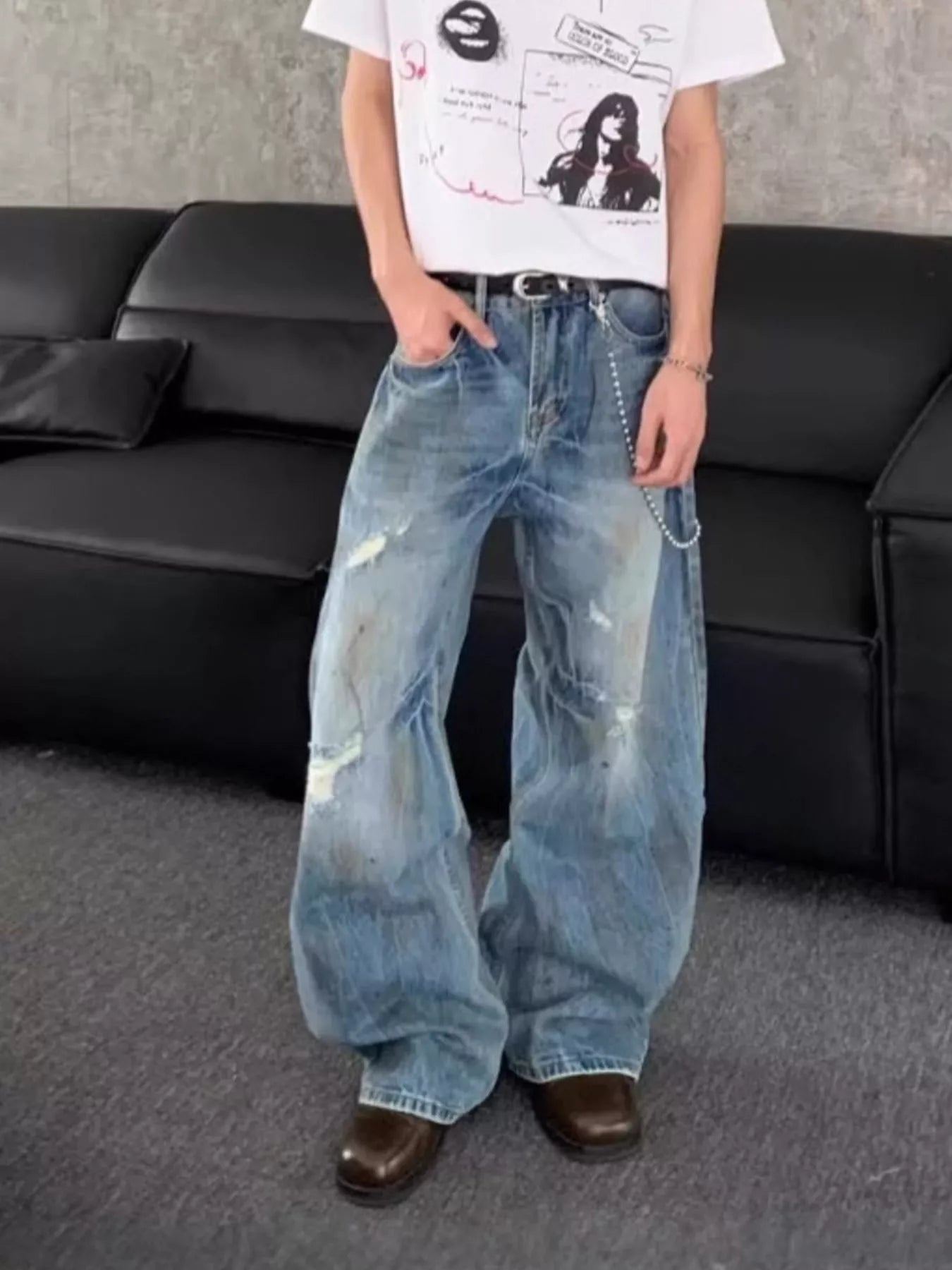 Men's Distressed Wide Leg Jeans