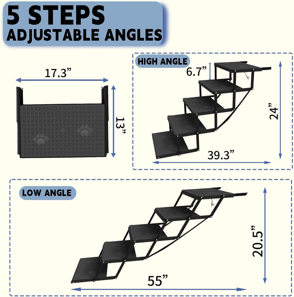 Heavy Duty Dog Car Stairs – Foldable 5-Step Pet Steps for Large Dogs | Up to 220 lbs