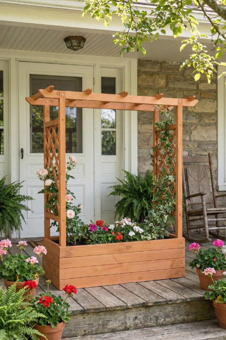 Raised Wooden Planter Box with Pergola Trellis – 100% Fir Wood, 4 Drainage Holes | Patio & Balcony