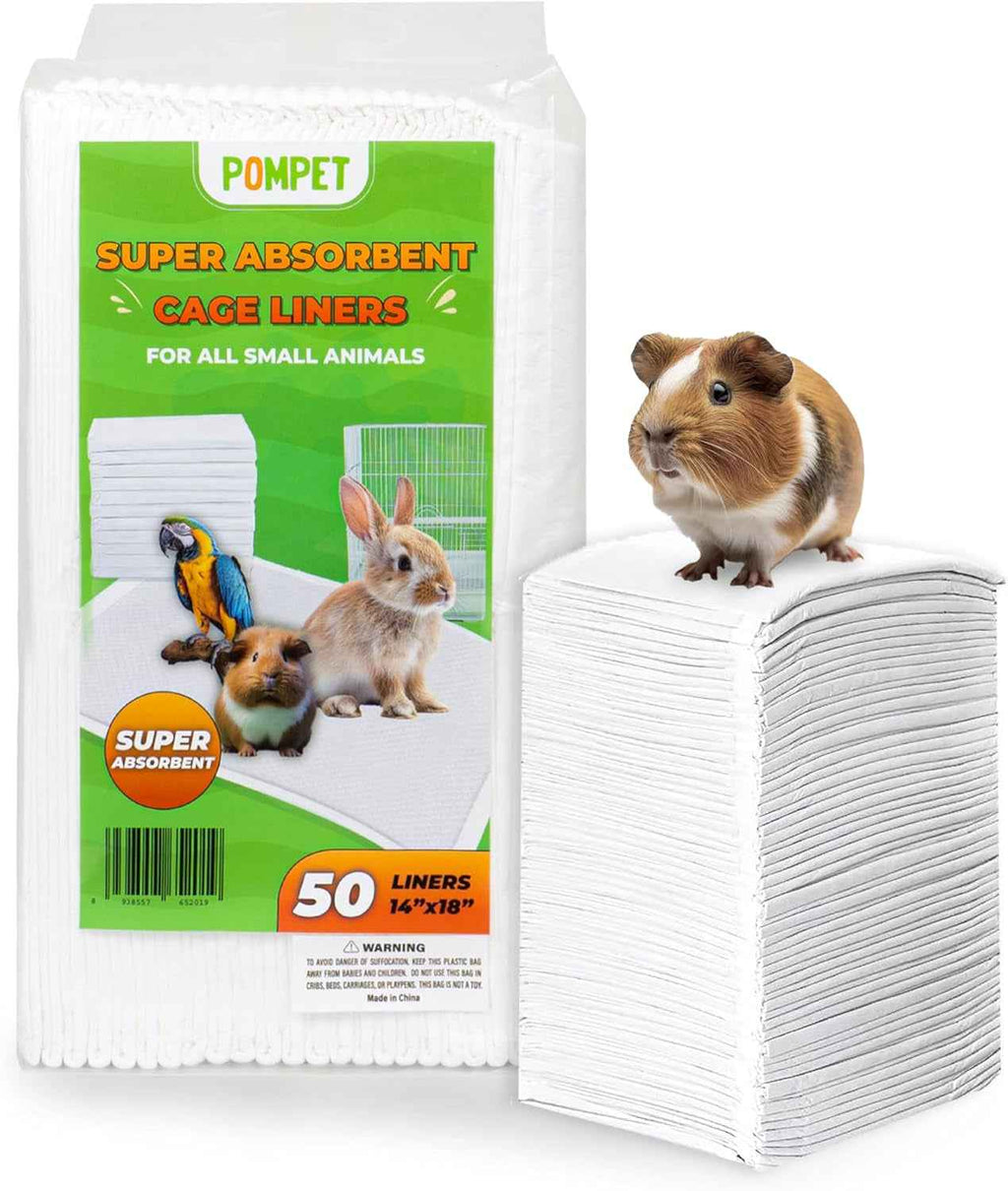 Pompet super absorbent cage liners packaging with a guinea pig on top, on a white background