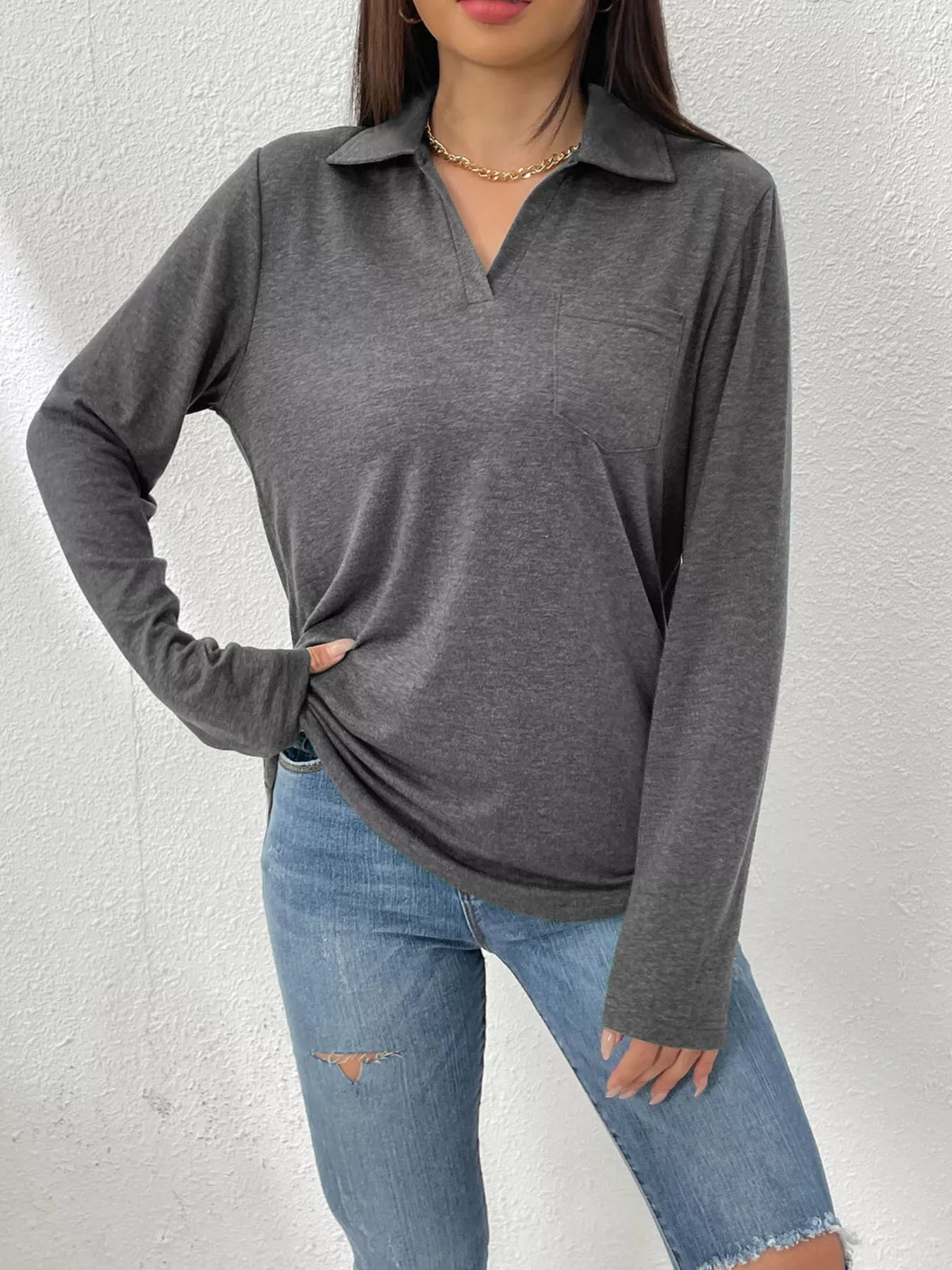 Women's Long Sleeve Polo Shirt | Casual V-Neck Pullover Top